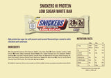Caja abierta con 12 barras Snickers White Chocolate lista para almacenamiento y reparto
