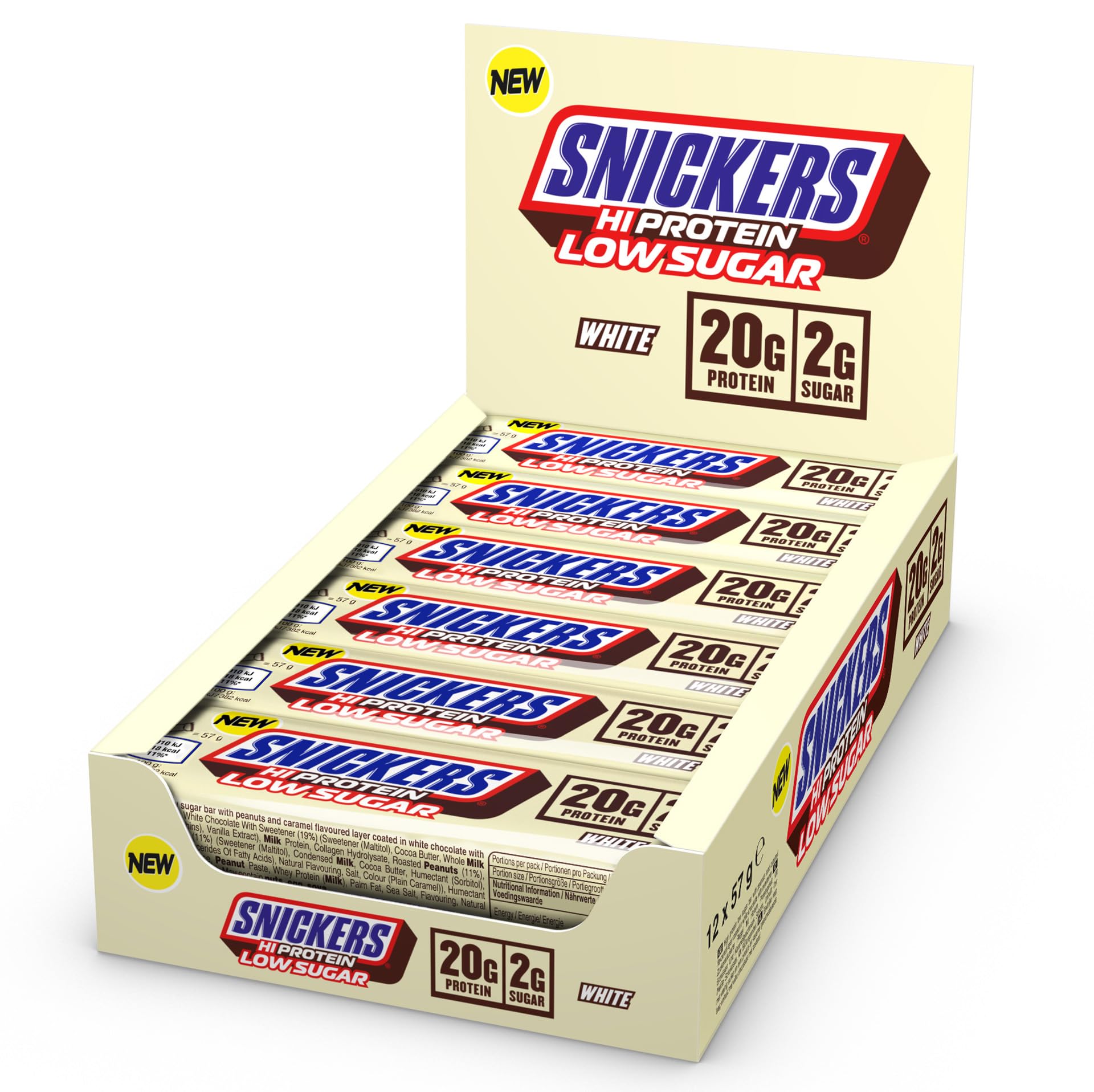Snickers con chocolate blanco frontal mostrando paquete y marca, opción proteica práctica