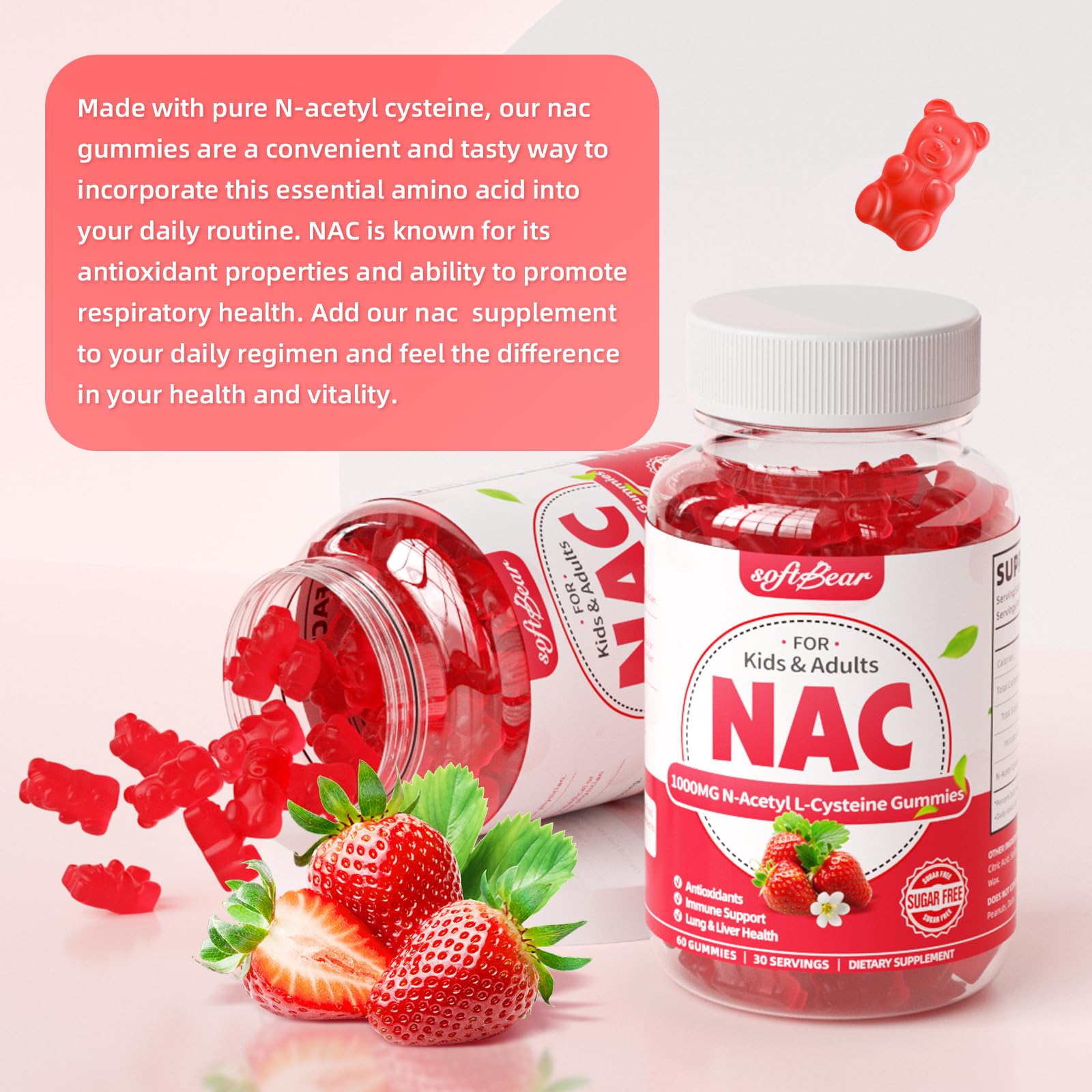softbear etiqueta con información nutricional y 1000 mg NAC por toma, tranquilidad sobre la dosis