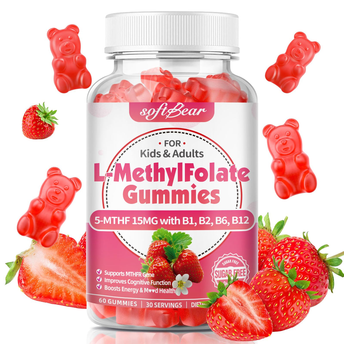 softbear frente del empaque mostrando 60 gomitas fresa y beneficios claros
