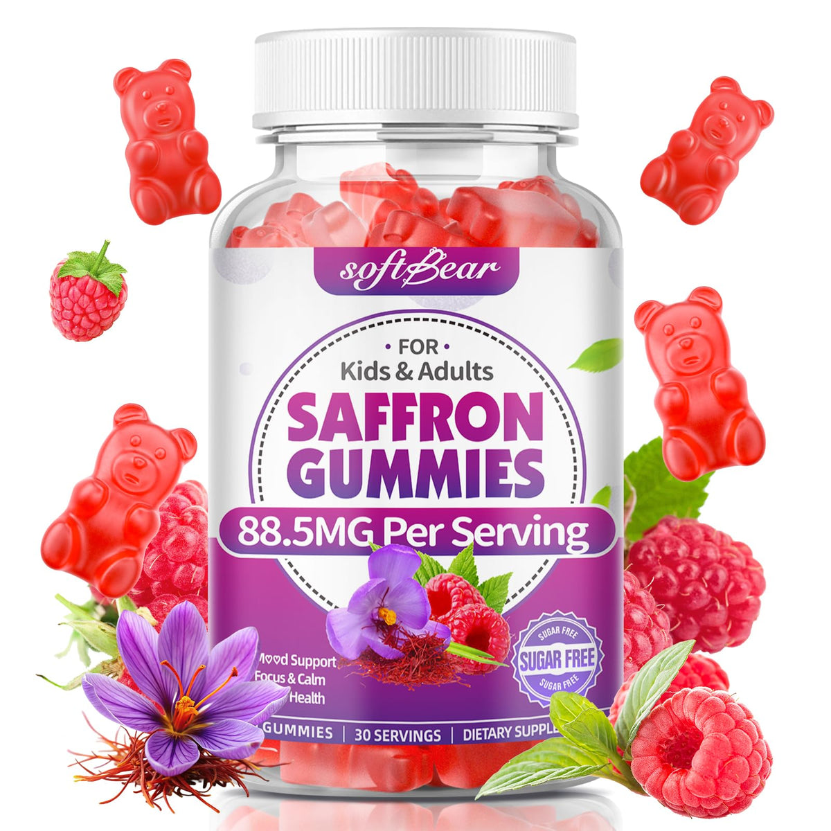 softbear envase frontal de gomitas de azafrán mostrando 60 unidades y beneficios