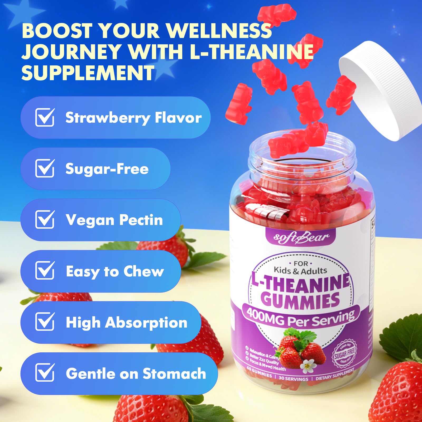 softbear niño masticando gominola fresa, formulación amigable para niños