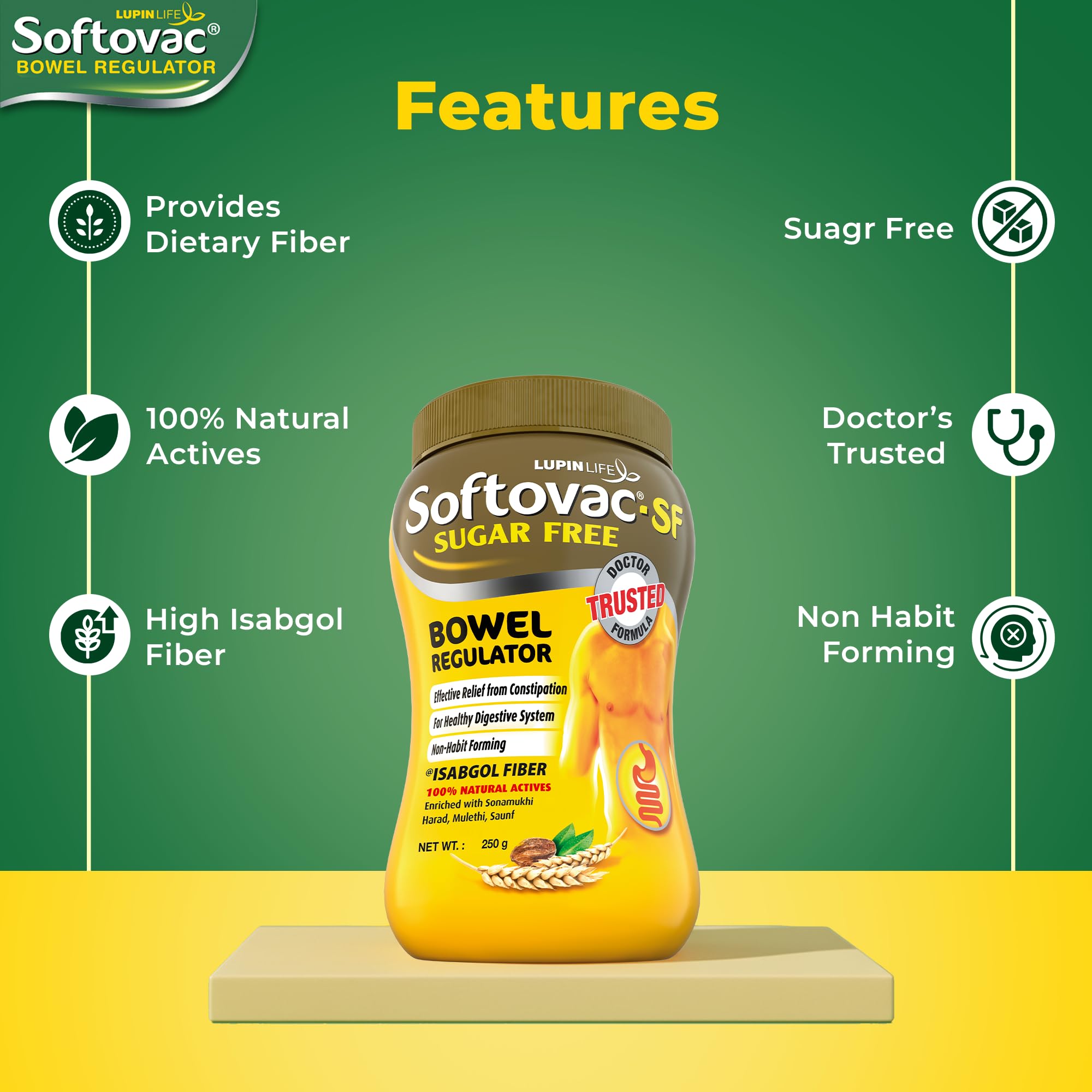 Etiqueta Softovac-SF con lista de ingredientes naturales y beneficios claros
