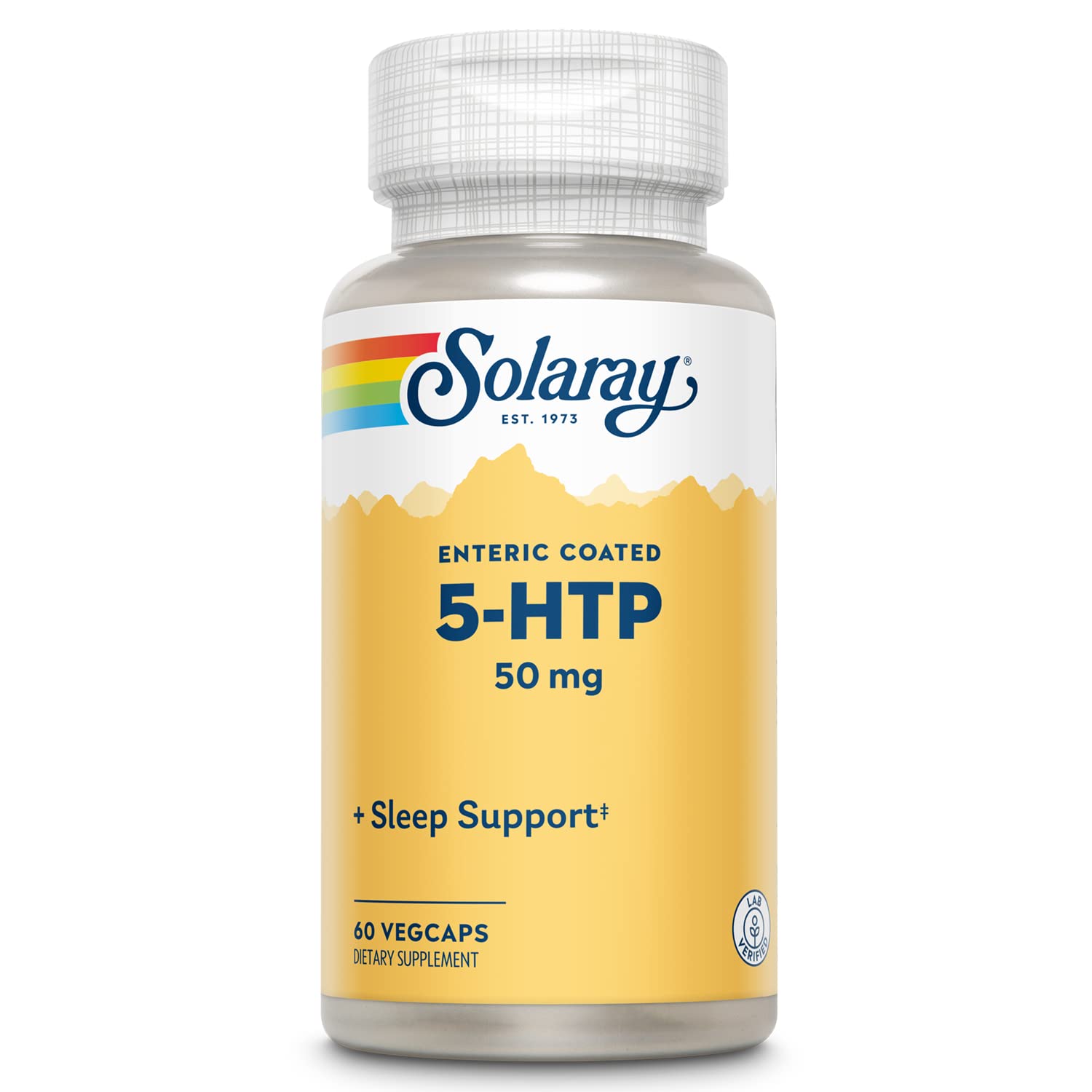 SOLARAY envase frontal 5‑HTP 50 mg con información clara y beneficio de dosificación