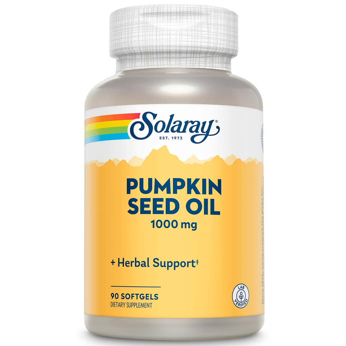 SOLARAY frasco frontal del producto mostrando 90 softgels y beneficios