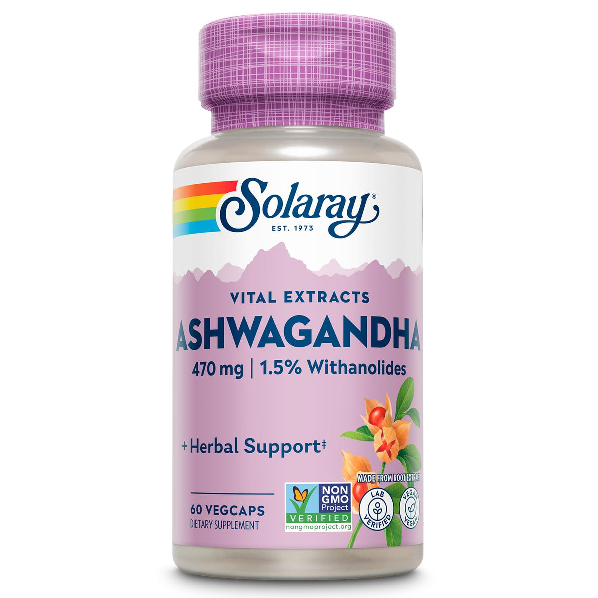 SOLARAY envase frontal de Ashwagandha mostrando marca y presentación, confianza y calidad