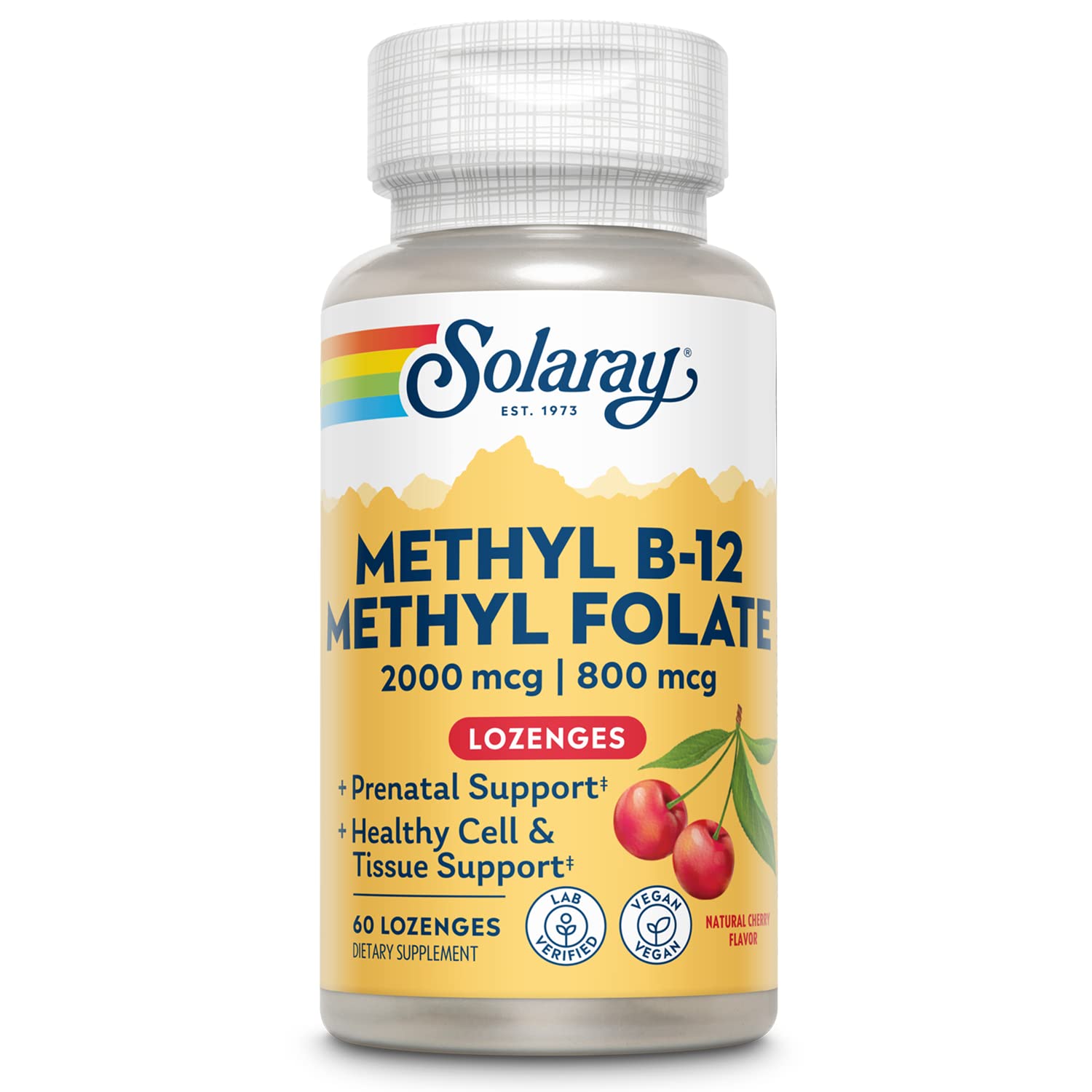 SOLARAY envase frontal de B‑12 + Methyl Folate mostrando diseño y cantidad