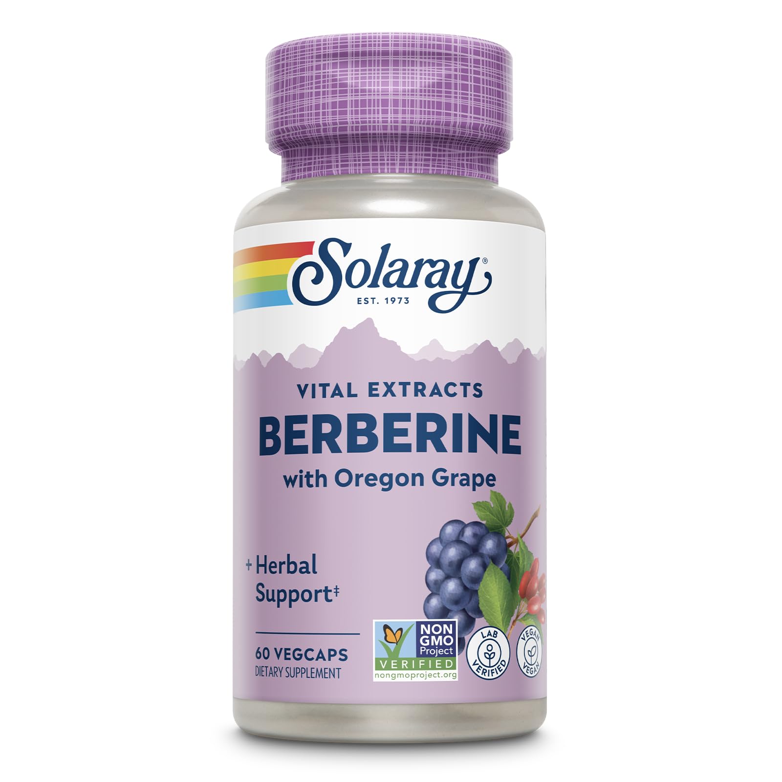 SOLARAY envase frontal mostrando berberina 250 mg y beneficios veganos