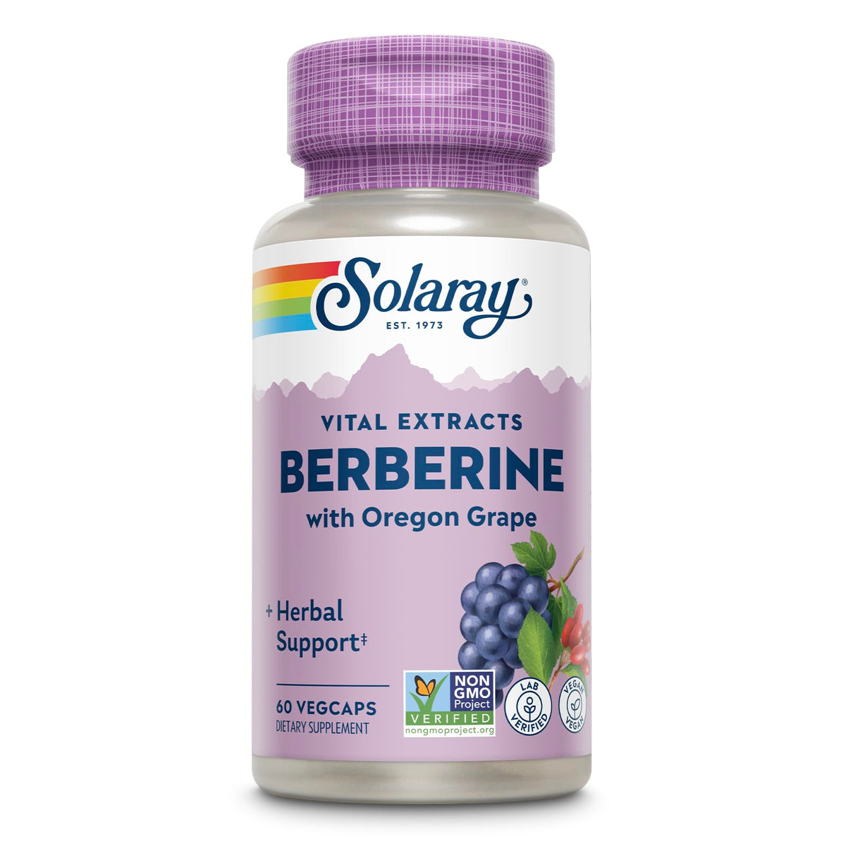 SOLARAY envase frontal mostrando berberina 250 mg y beneficios veganos