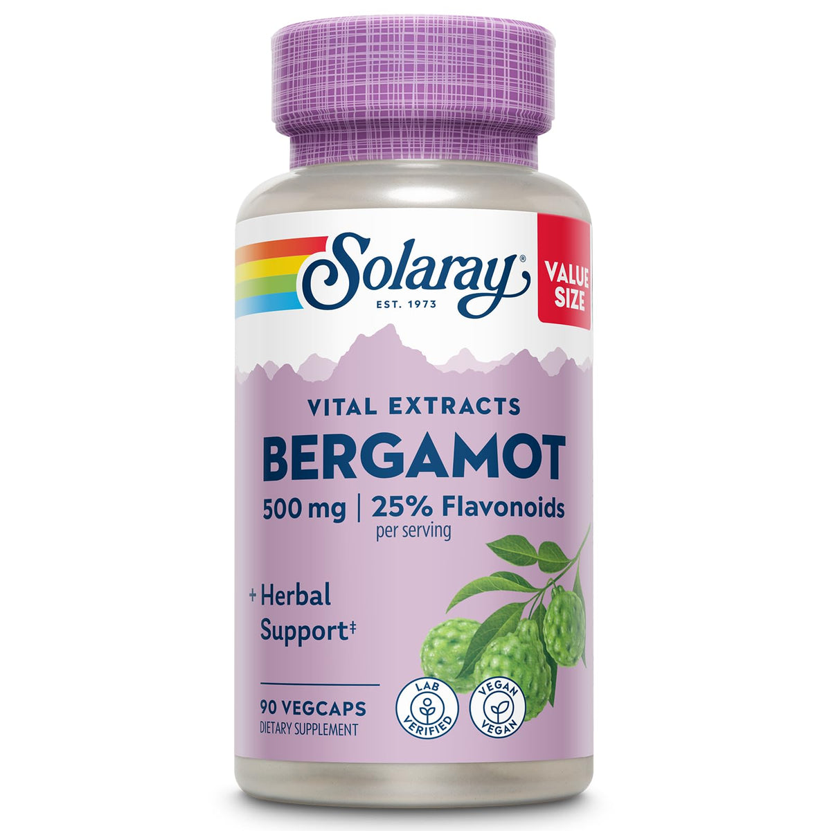 SOLARAY frasco frontal del producto bergamot mostrando etiqueta clara y beneficios