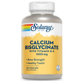 SOLARAY envase frontal del calcio bisglicinato mostrando dosis y cápsulas