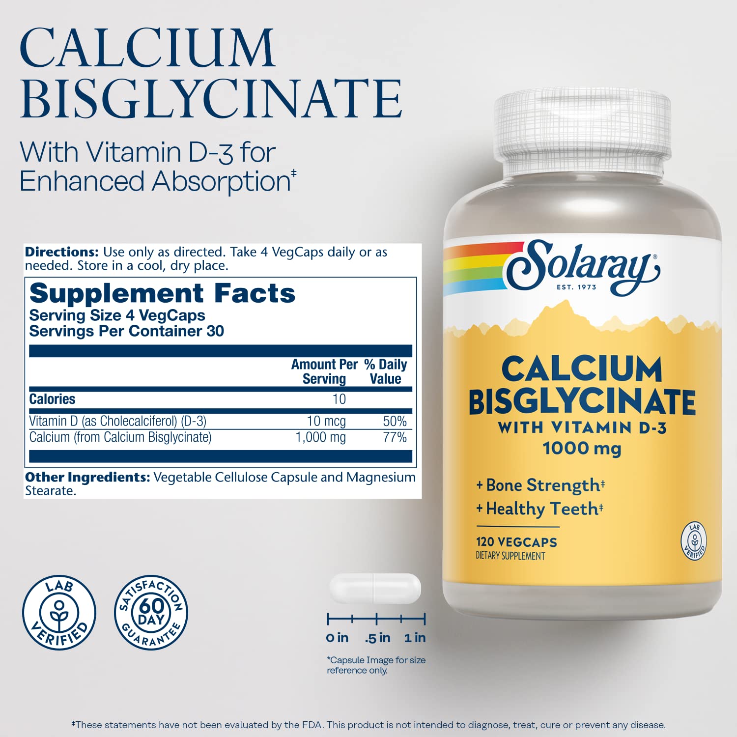 SOLARAY cápsulas vegetales de calcio con textura suave y fácil digestión