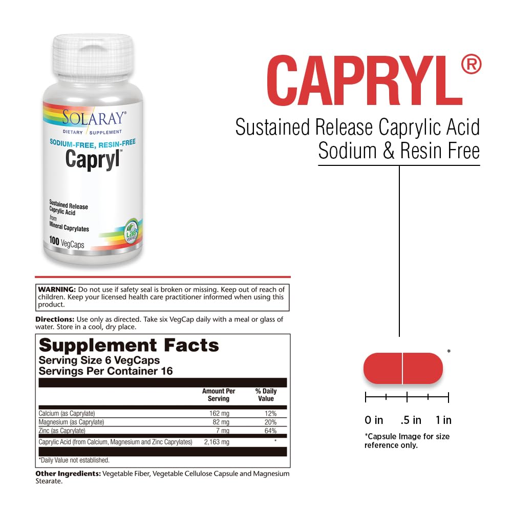 Solaray Capryl detalle de etiqueta con información de minerales y pureza