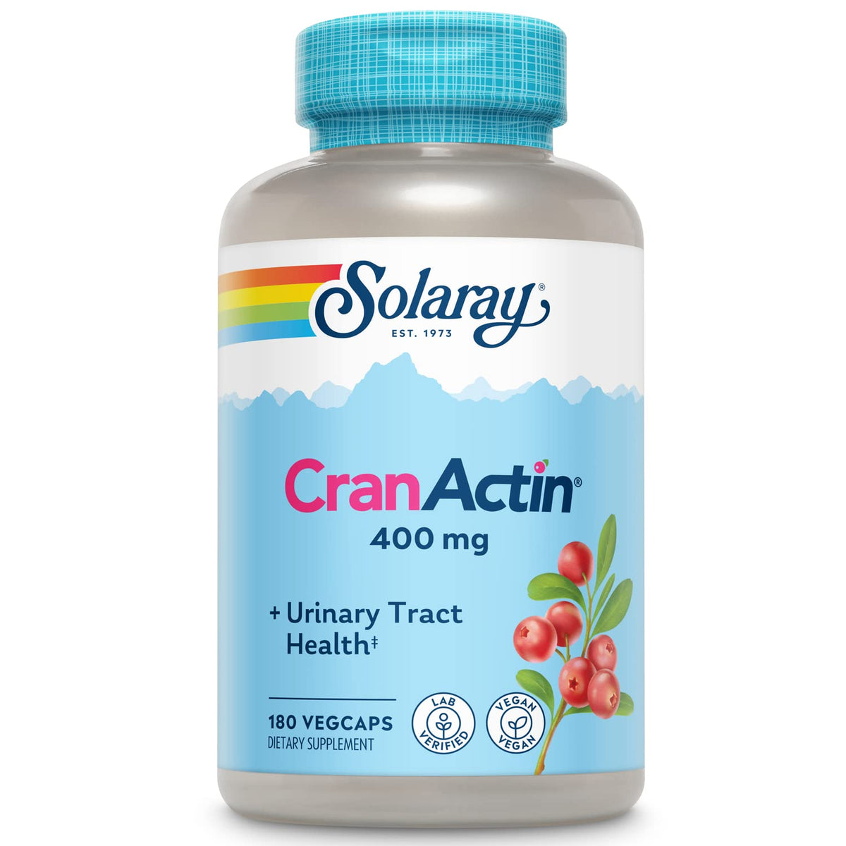 Solaray Cranactin frasco delantero mostrando etiqueta clara y duración