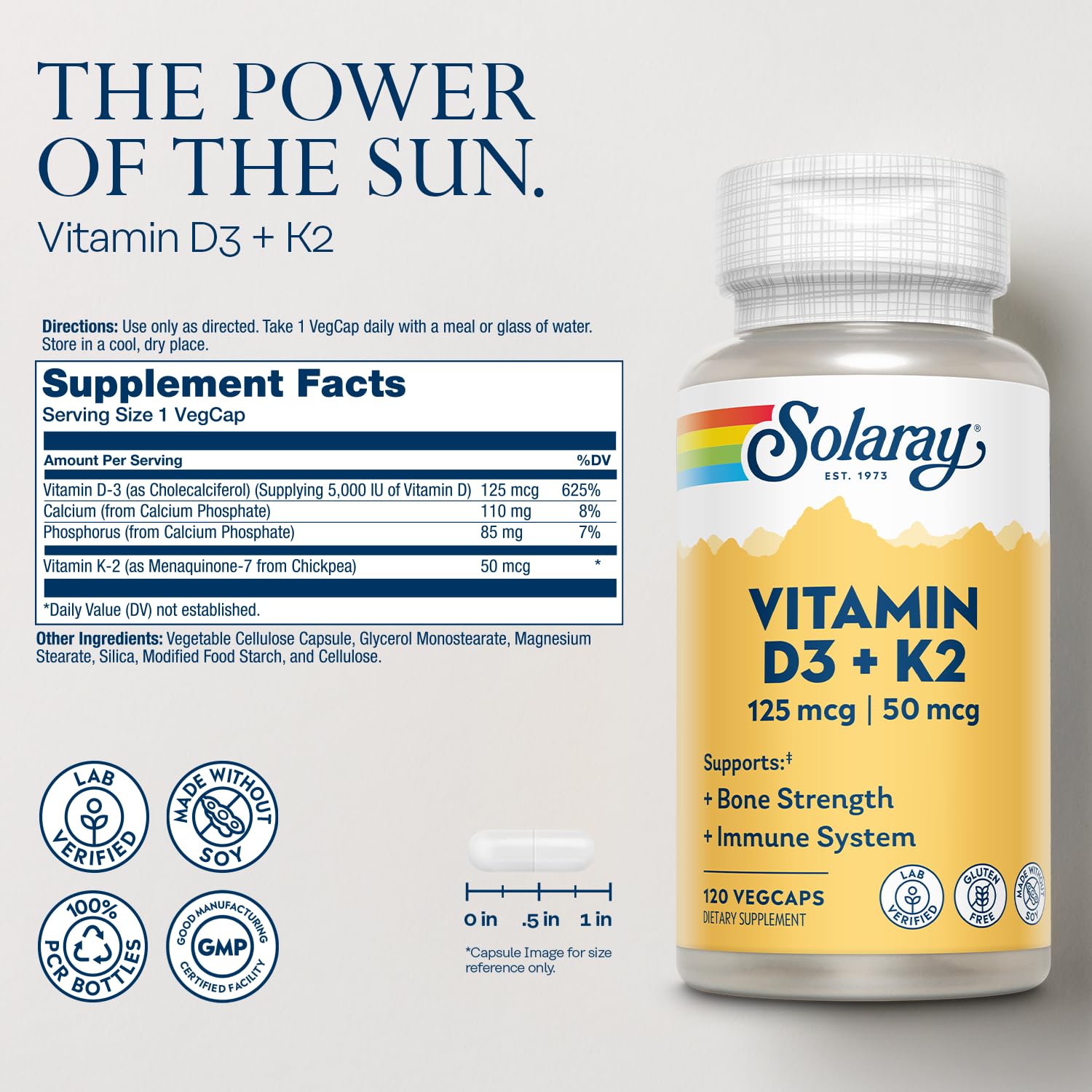 SOLARAY cápsula vegetal D3 K2 primer plano que muestra textura y formato