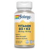 SOLARAY frasco de D3 K2 frontal mostrando etiqueta clara y beneficios