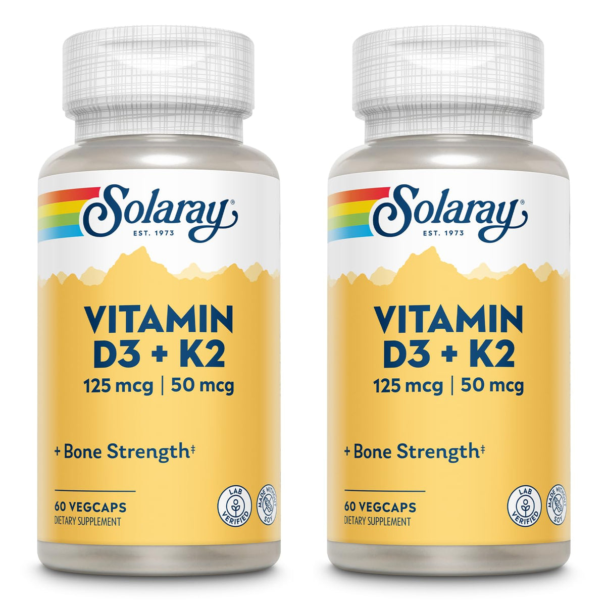 SOLARAY frasco frontal de D3 K2 mostrando etiqueta clara y beneficios