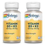 SOLARAY frasco frontal de D3 K2 mostrando etiqueta clara y beneficios
