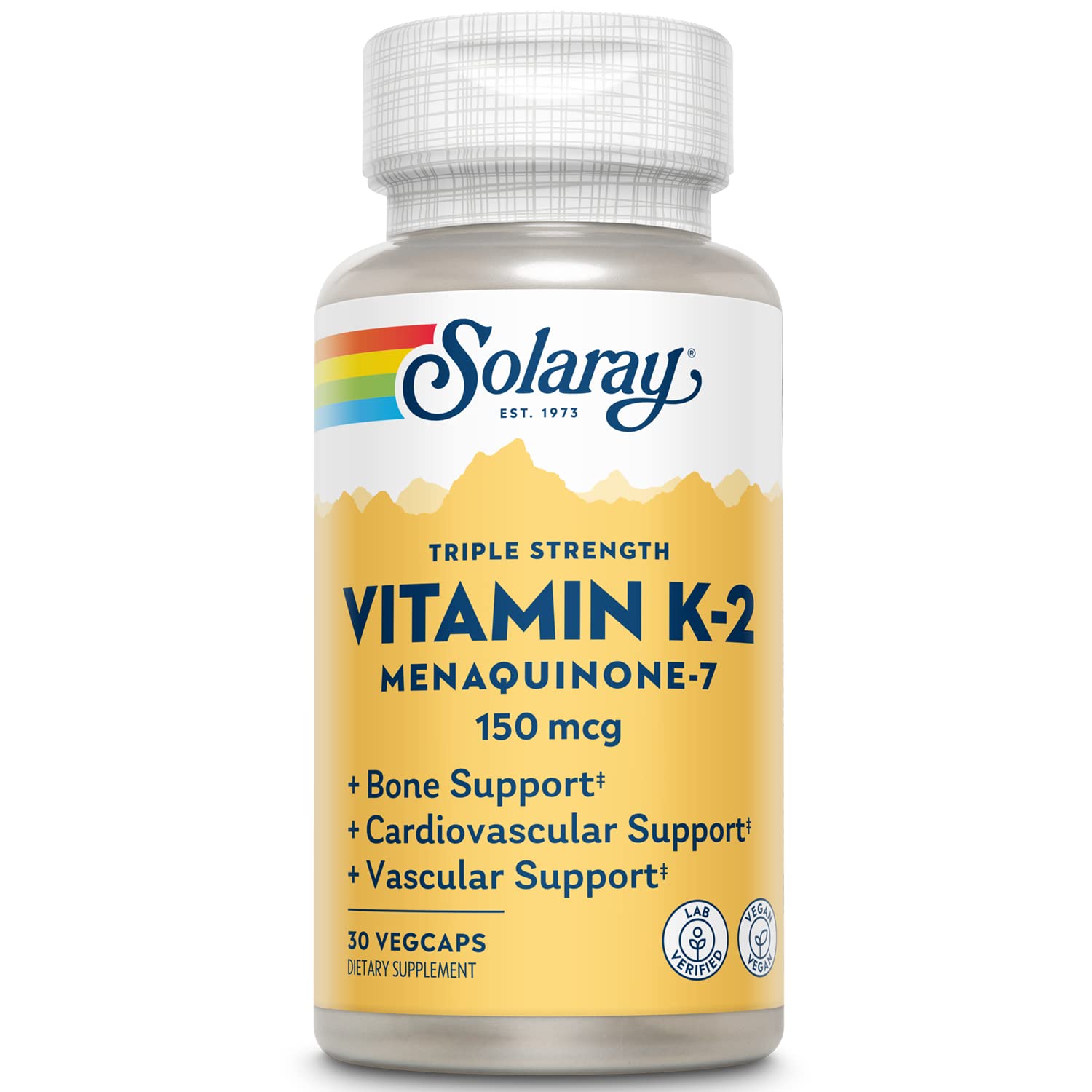 Solaray envase frontal K2 MK‑7 mostrando etiqueta y beneficios visibles