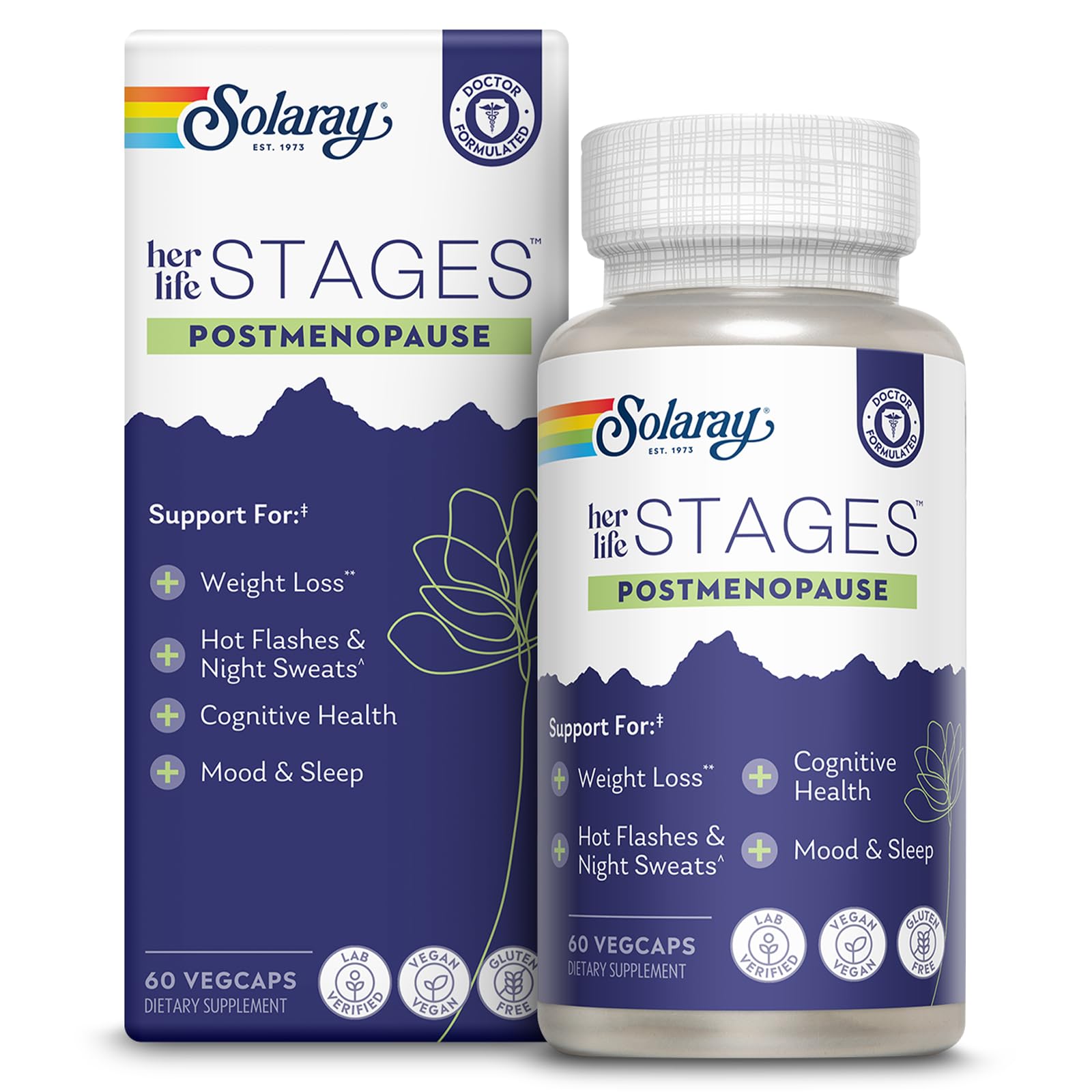 SOLARAY envase frontal del suplemento postmenopausia mostrando diseño y beneficio