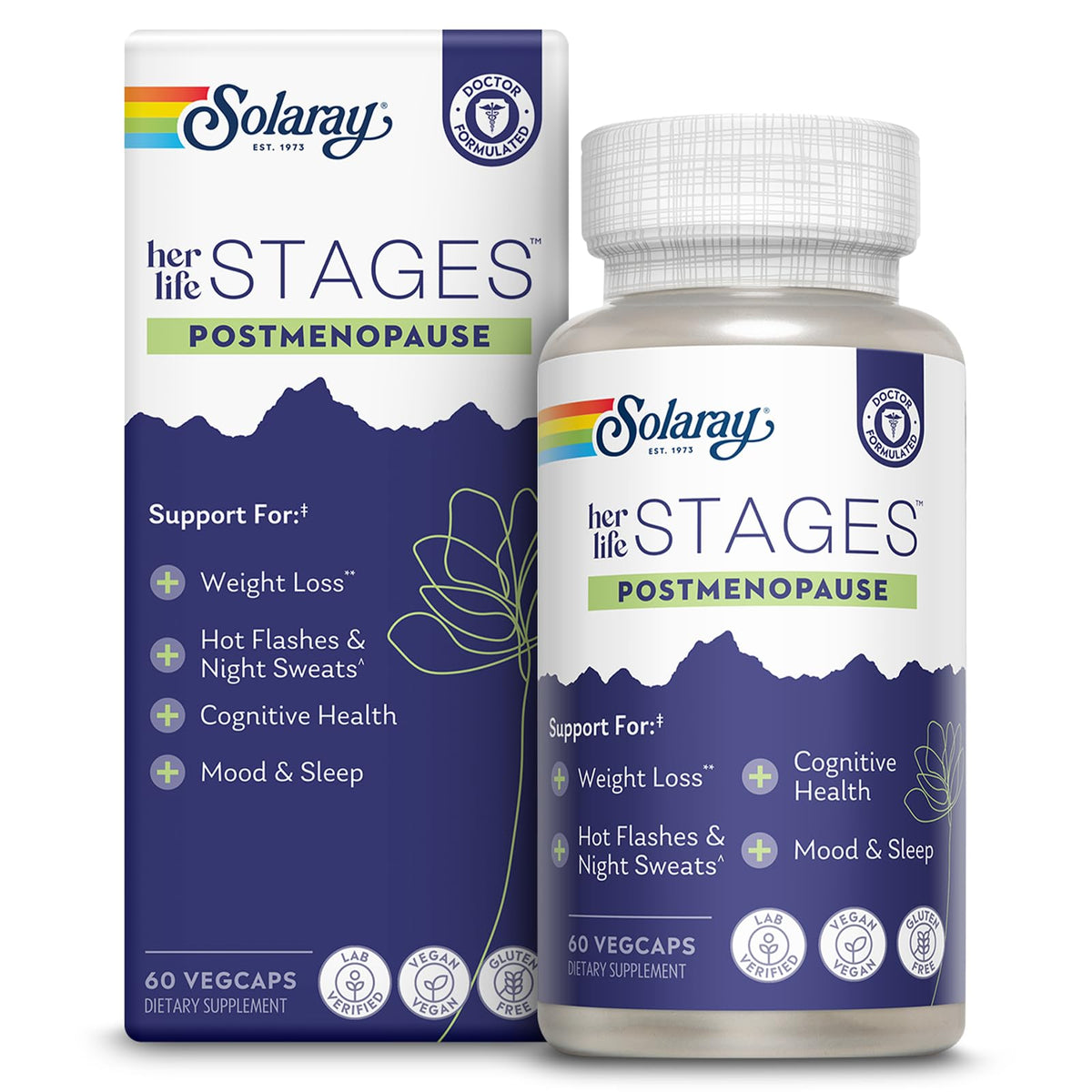 SOLARAY envase frontal del suplemento postmenopausia mostrando diseño y beneficio