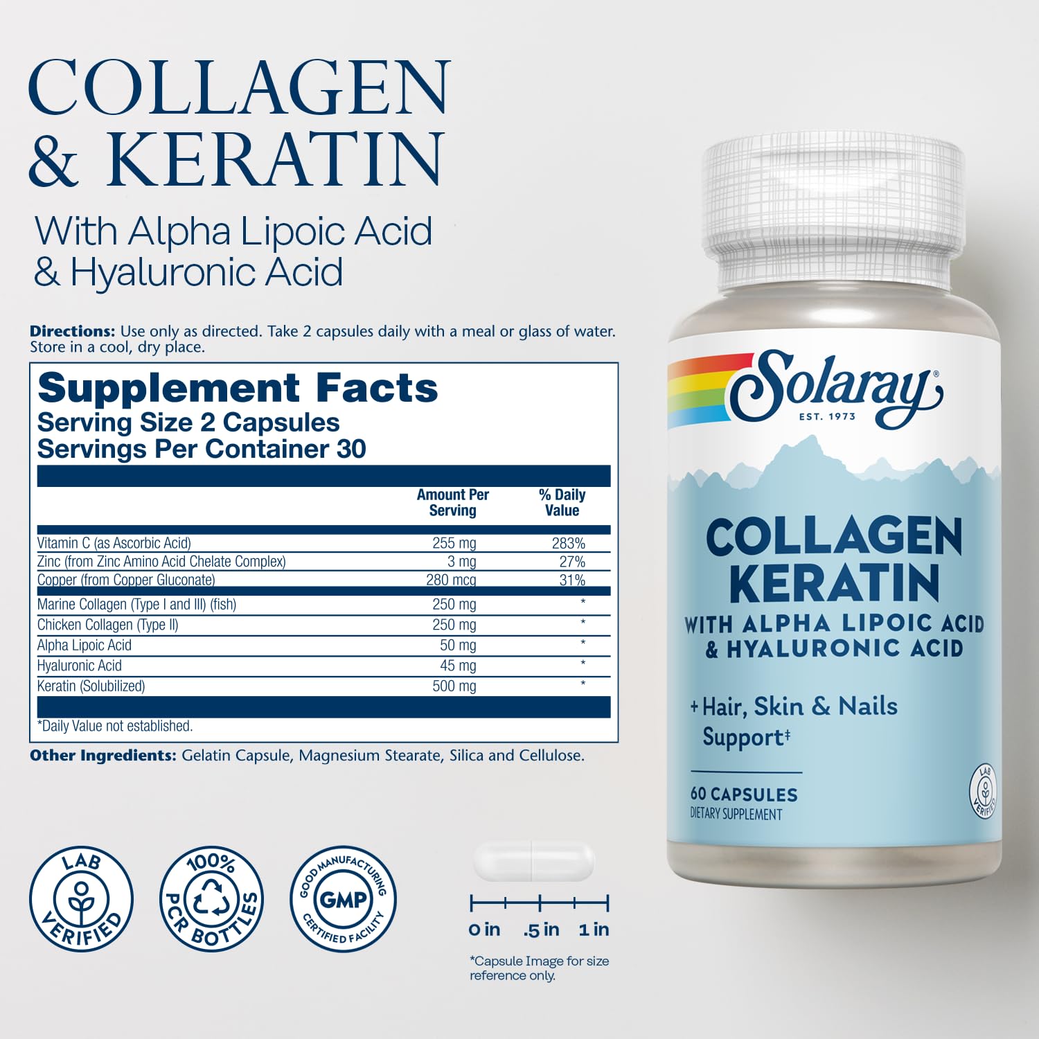 SOLARAY etiqueta con lista de ingredientes y tipos de colágeno, información transparente