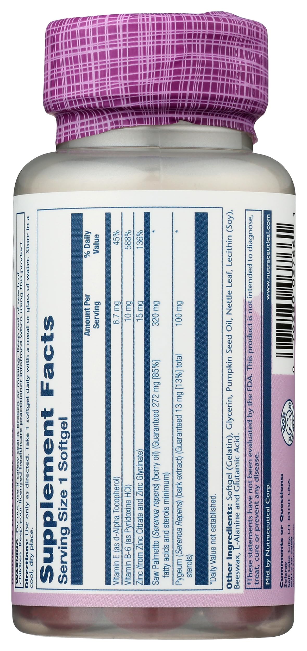 SOLARAY etiqueta nutricional enfocada con información de dosis clara