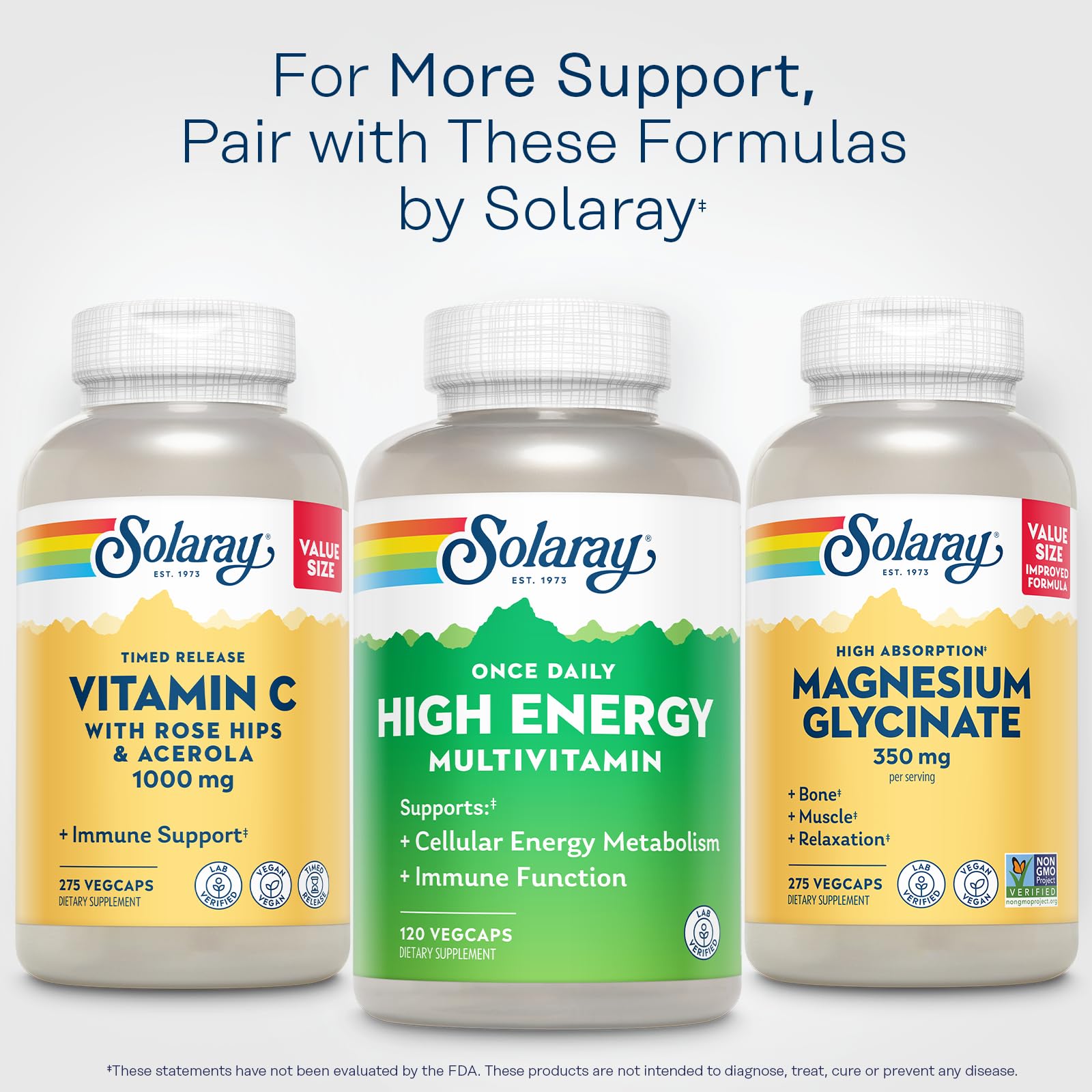 SOLARAY etiqueta nutricional enfocada en vitaminas C, D y B para soporte