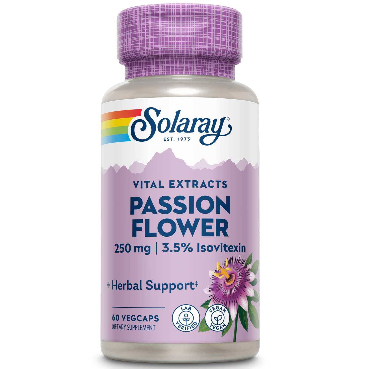 SOLARAY frasco frontal de pasiflora mostrando etiqueta clara y beneficio relajación