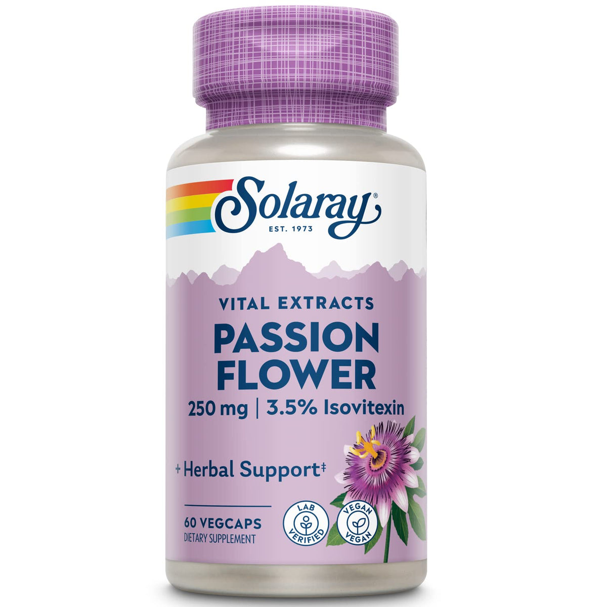 SOLARAY frasco frontal de pasiflora mostrando etiqueta clara y beneficio relajación