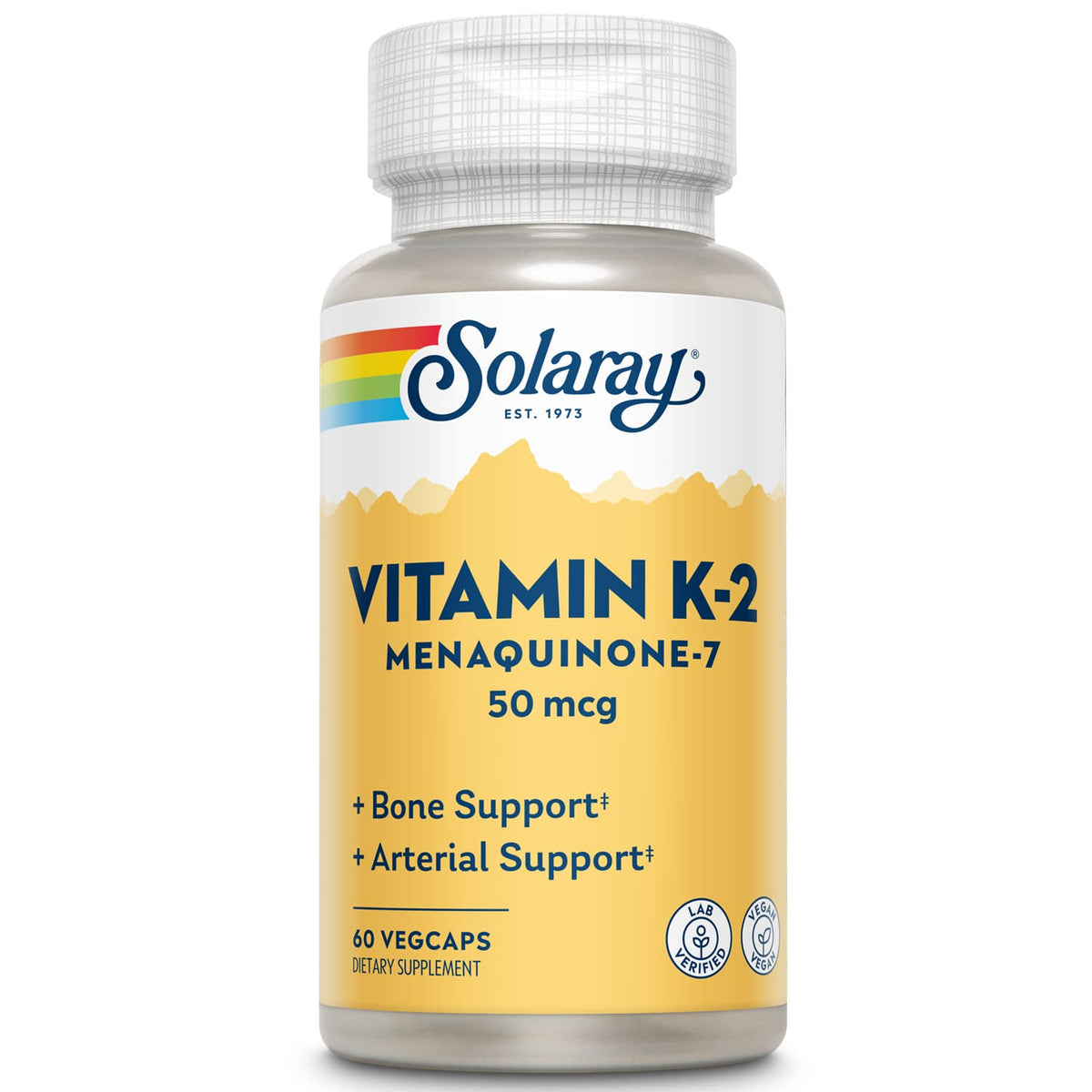 SOLARAY frasco delantero de Vitamin K-2 MK-7 con etiqueta clara y beneficio óseo