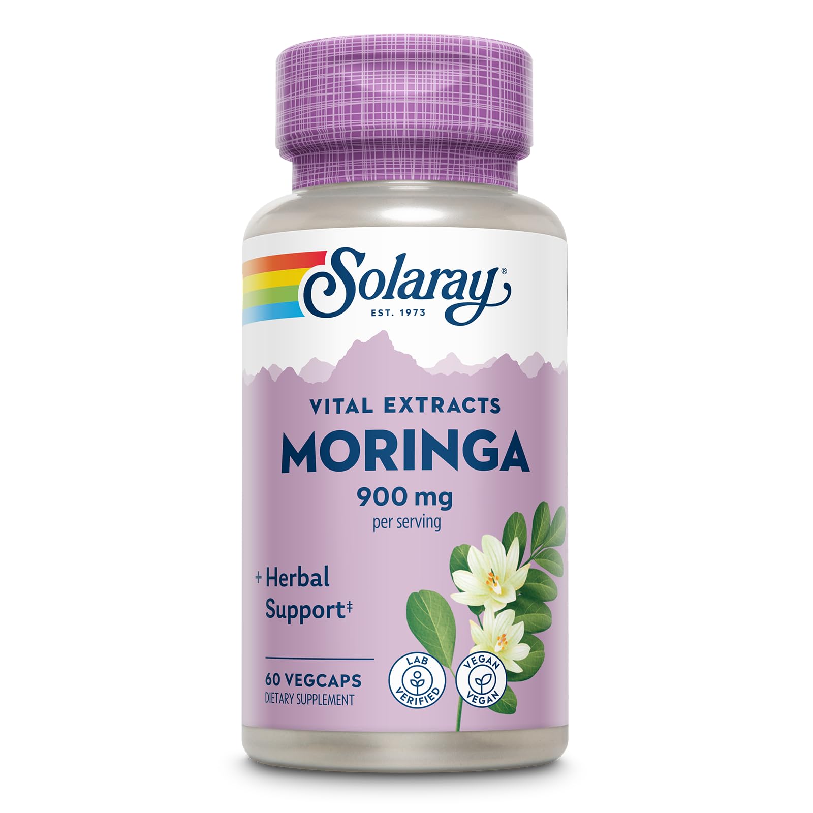 SOLARAY frasco delantero de Moringa mostrando etiqueta y beneficios
