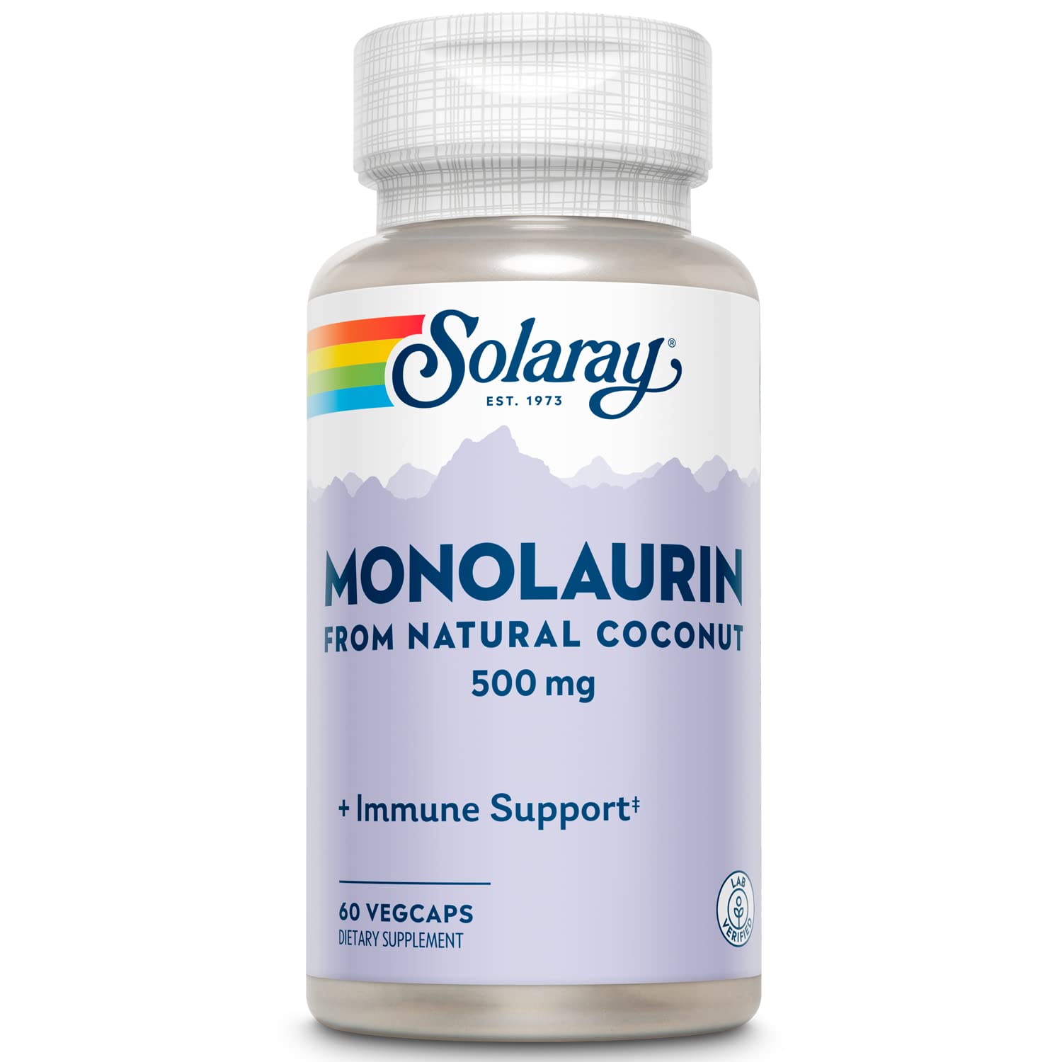 SOLARAY frasco frontal de Monolaurin 500 mg mostrando presentación clara
