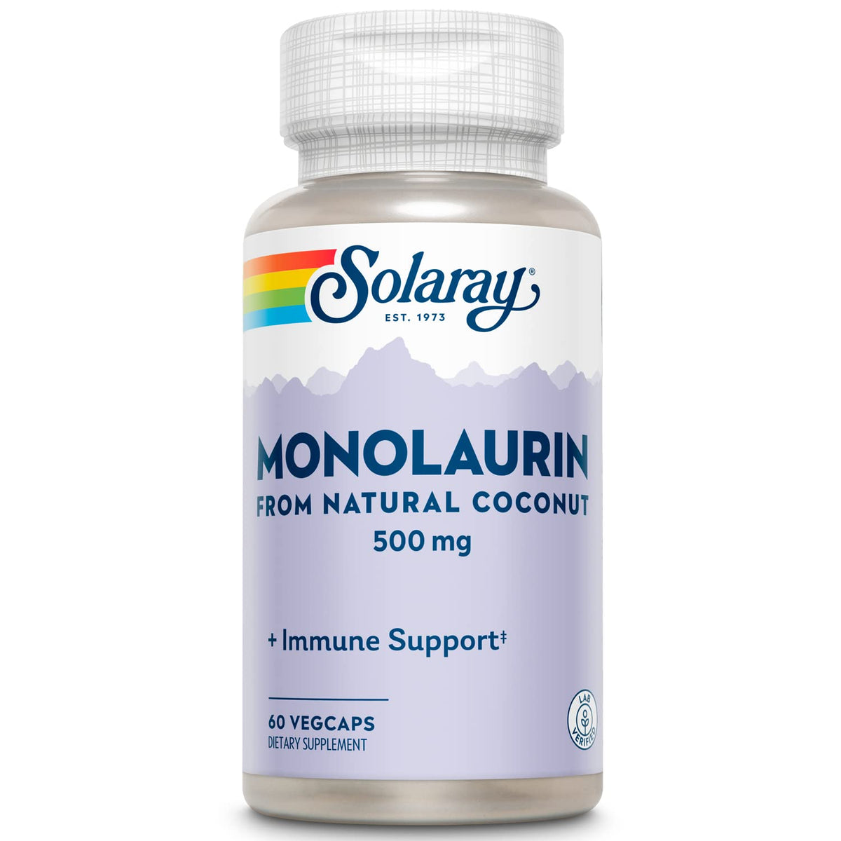 SOLARAY frasco frontal de Monolaurin 500 mg mostrando presentación clara