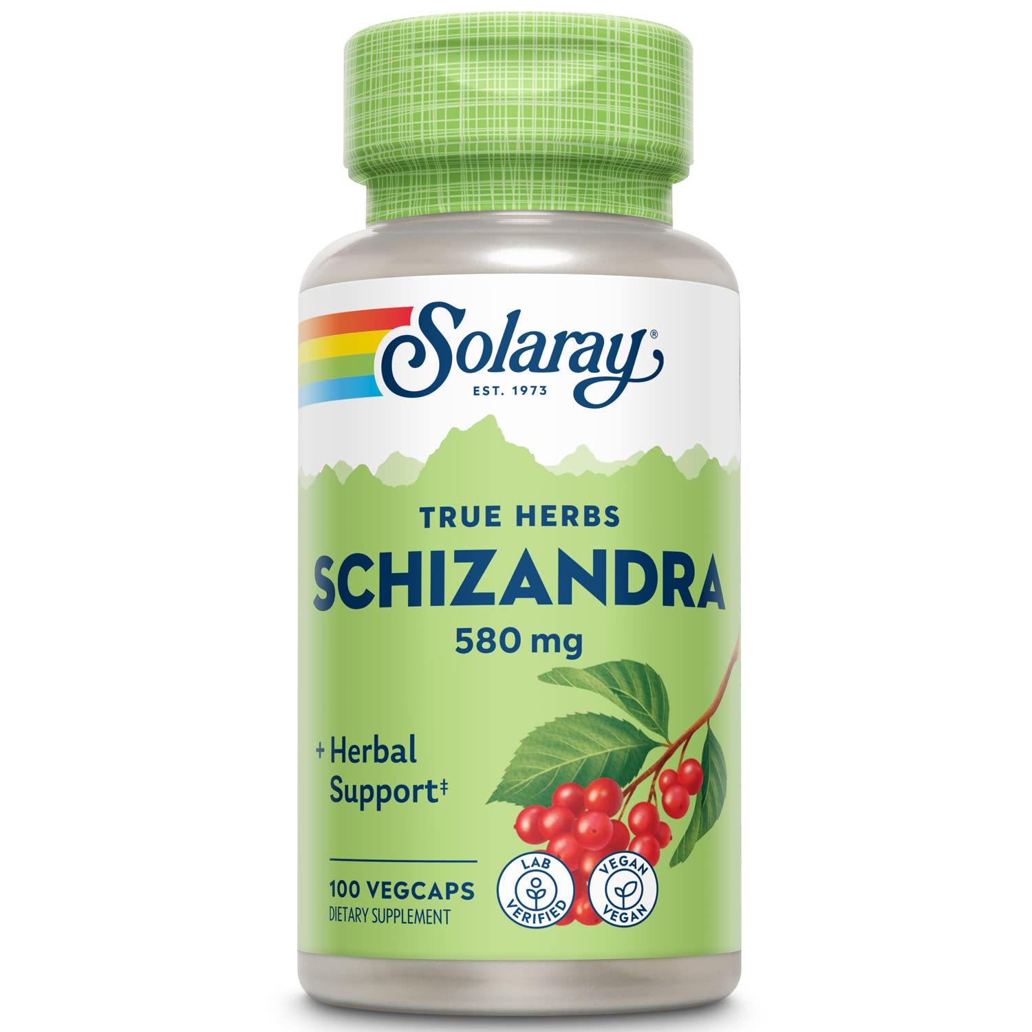 SOLARAY frasco frontal de Schizandra Berry mostrando etiqueta clara y beneficios