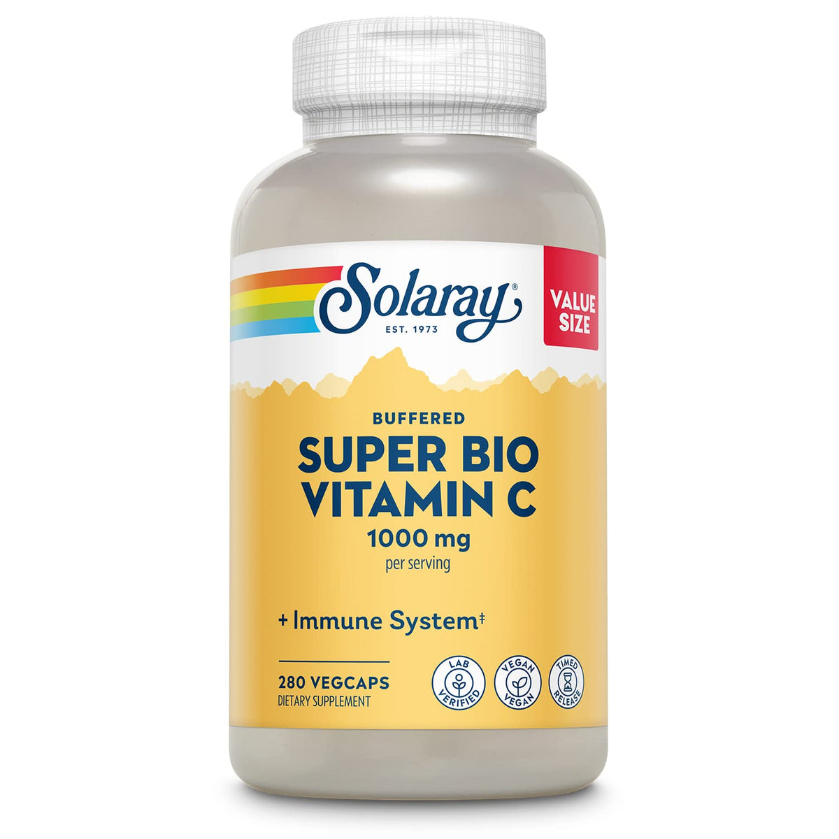 Solaray frasco frontal de vitamina C 1000 mg mostrando cantidad y cápsulas