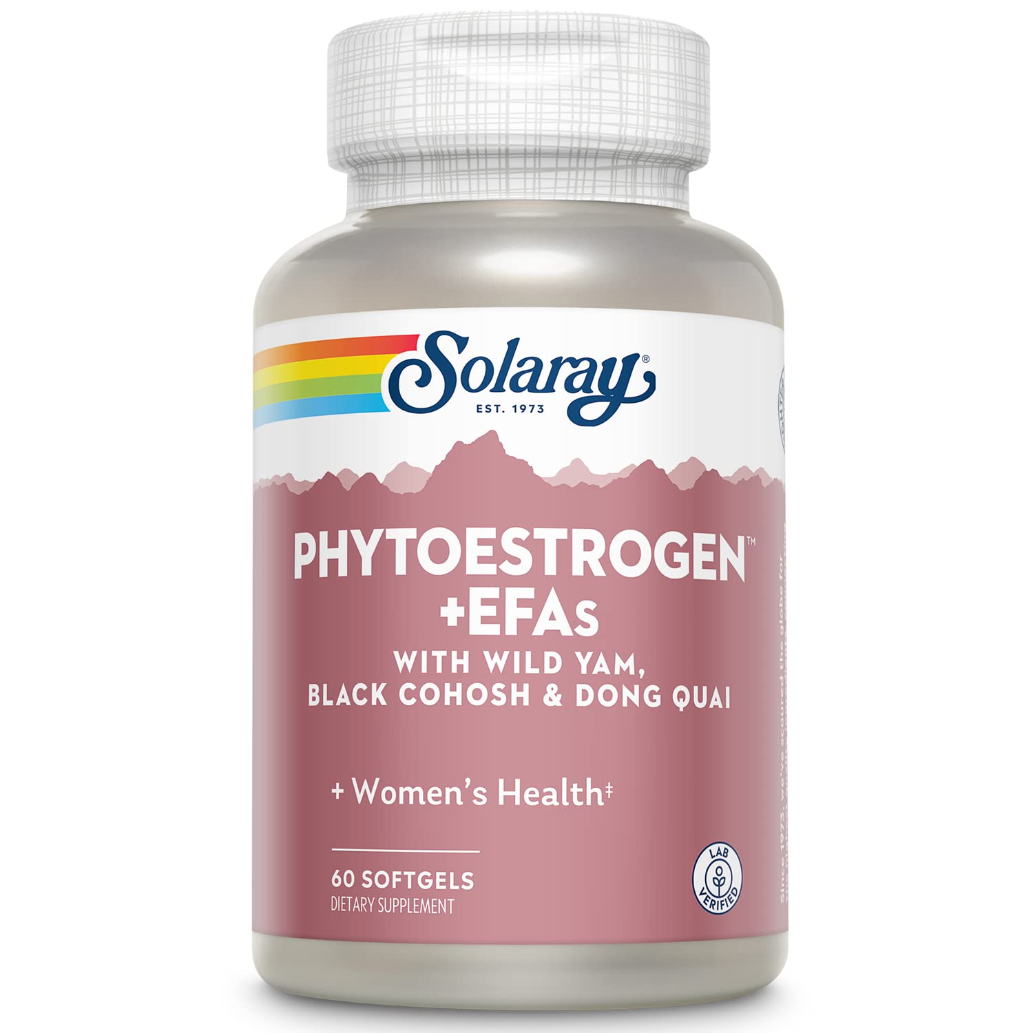 SOLARAY frasco frontal mostrando etiqueta y beneficios para apoyo menopausia