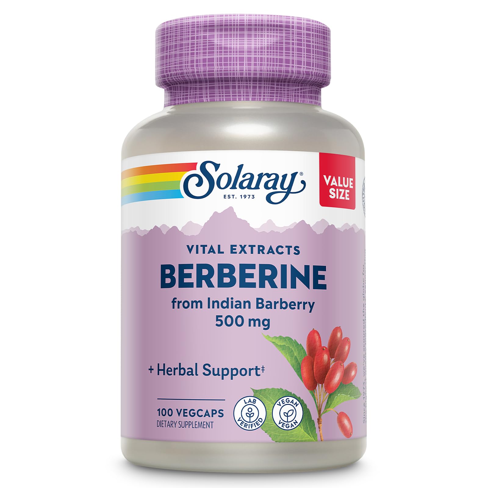 SOLARAY frasco frontal con berberine 500 mg mostrando diseño y cantidad