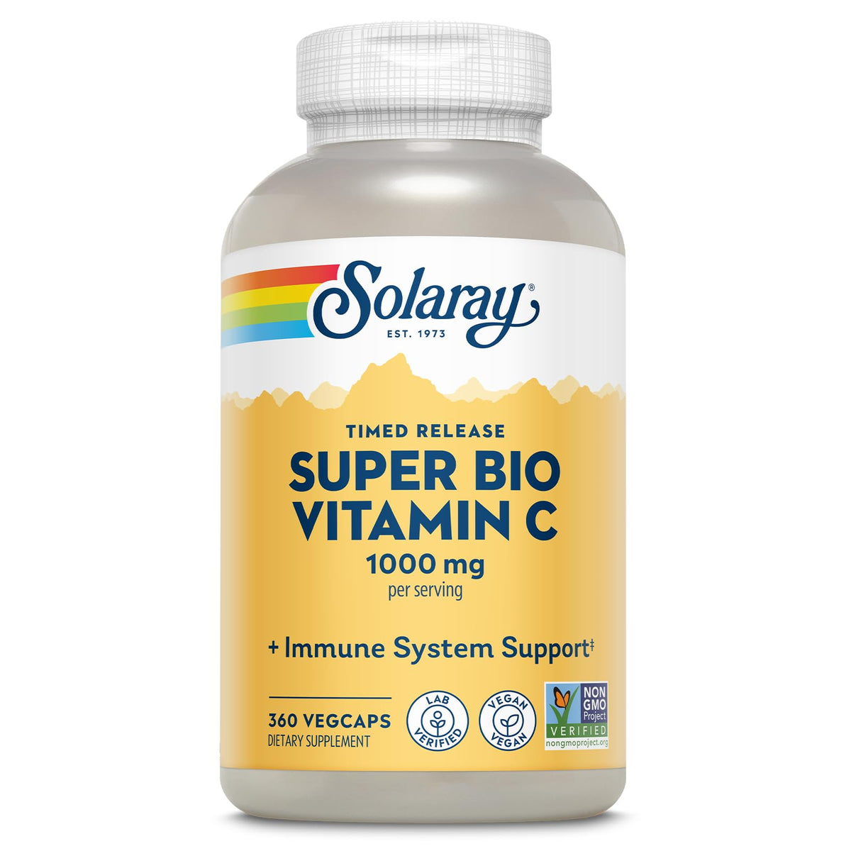 SOLARAY frasco Super Bio Vitamin C al frente, presentación clara y ventaja de alto rendimiento