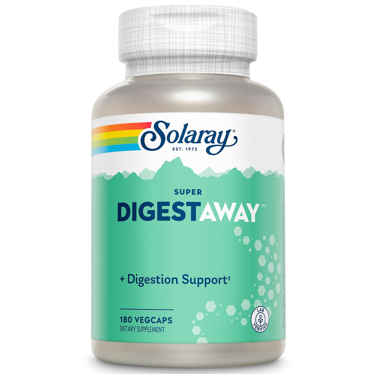 SOLARAY frasco Super Digestaway frontal mostrando 180 vegcaps y claridad de uso