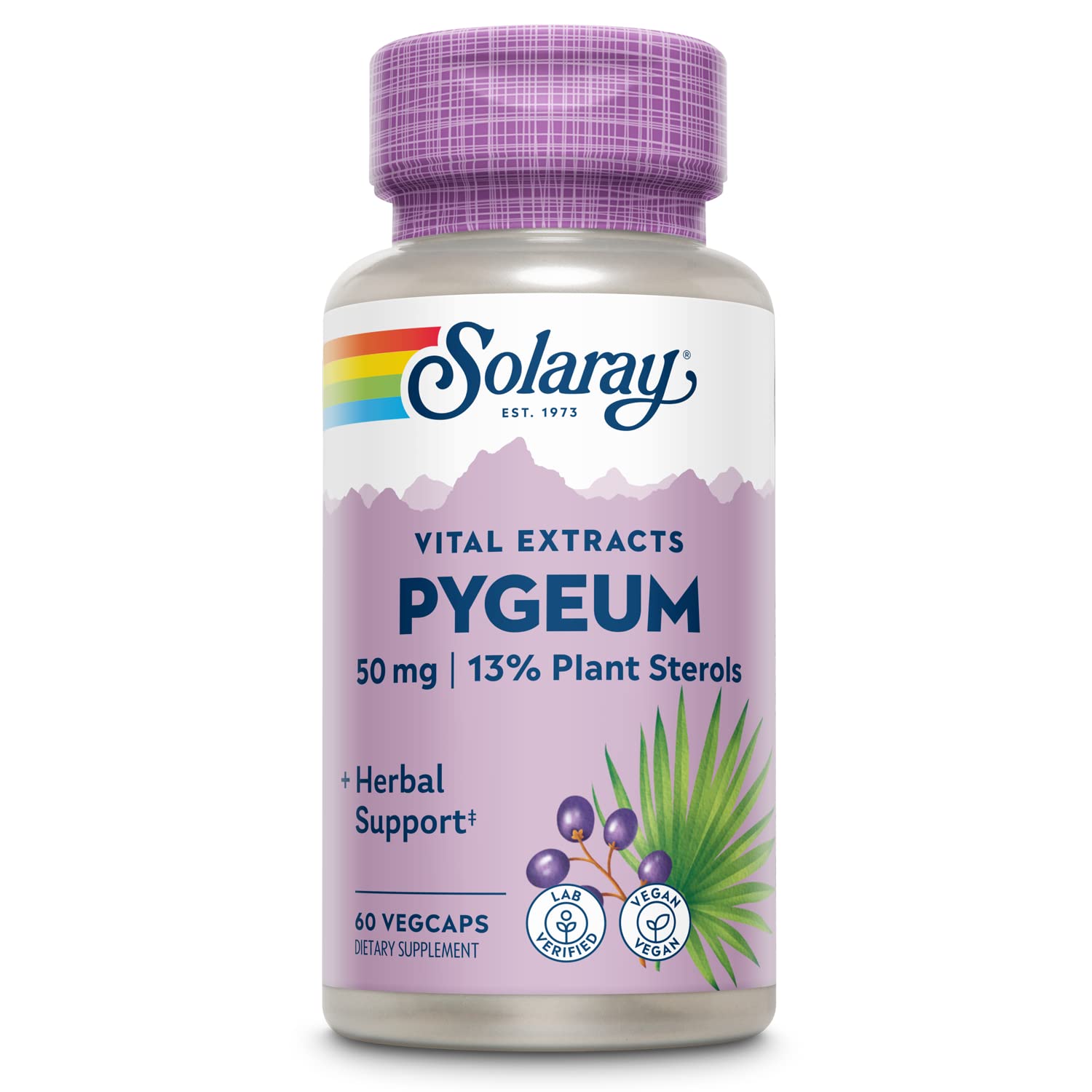 SOLARAY frasco frontal del Pygeum con diseño claro y beneficios