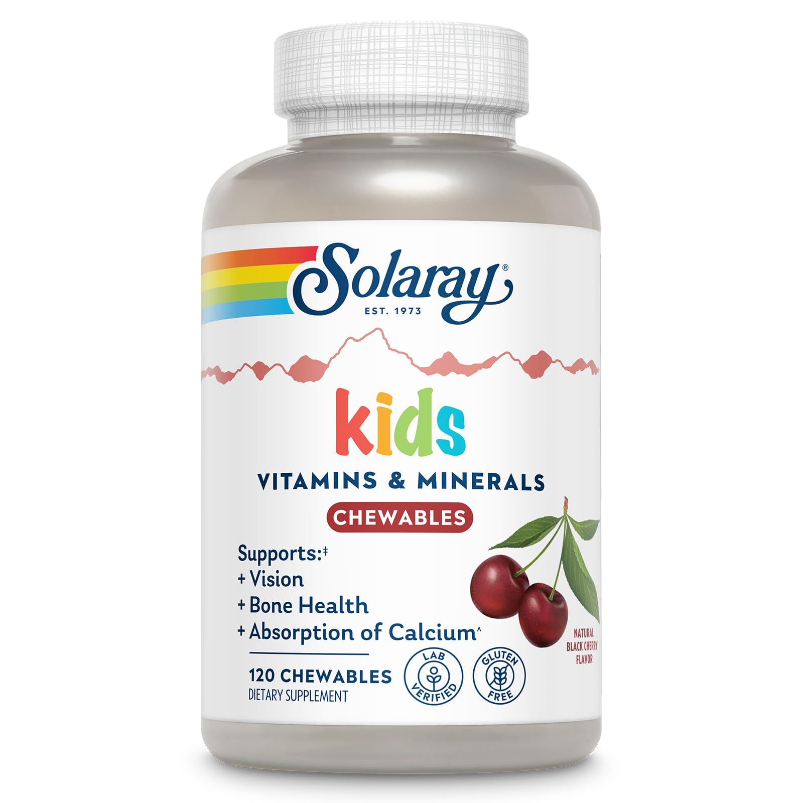 SOLARAY empaque frontal de multivitaminas para niños mostrando dosis y sabor cereza