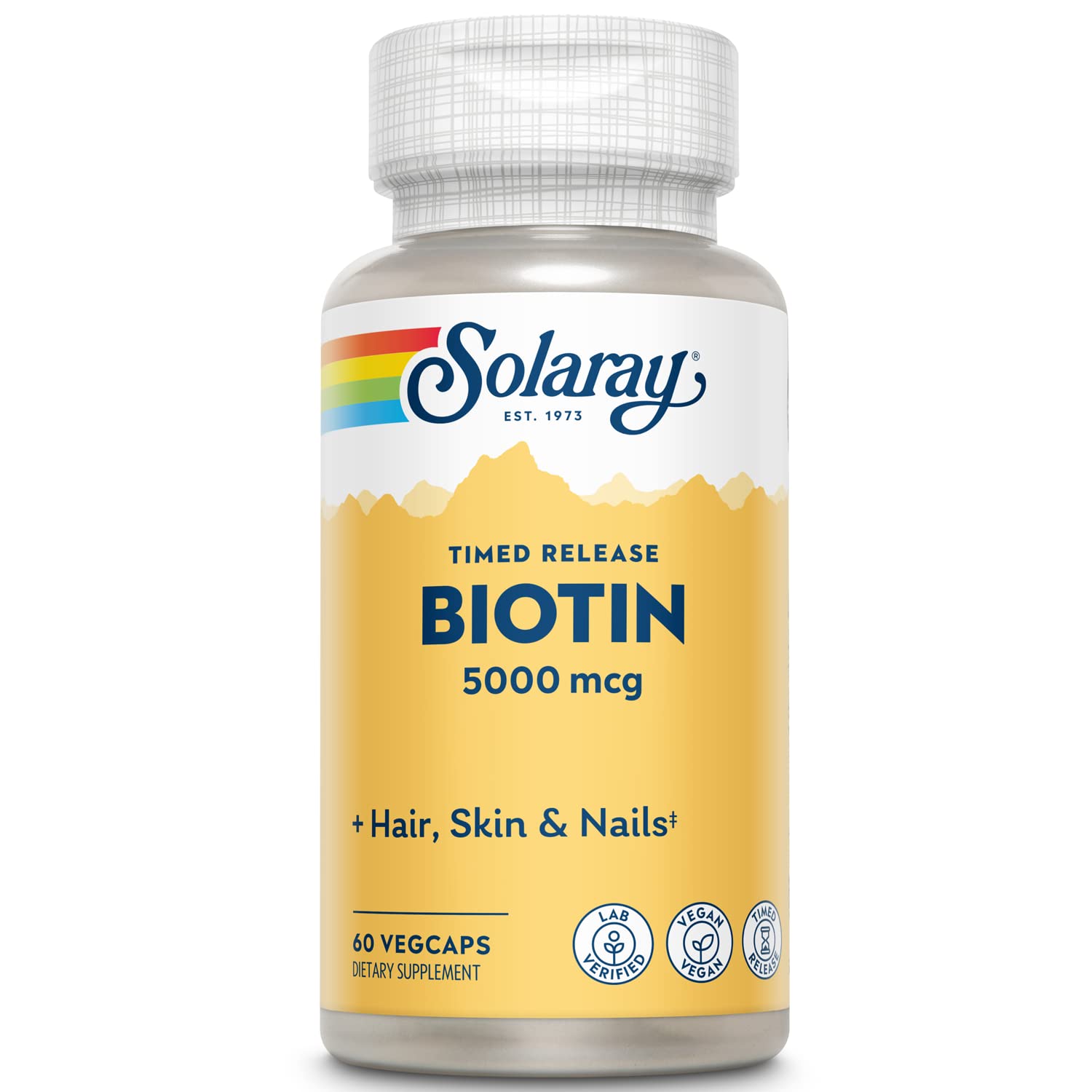 Solaray envase frontal biotina 5000 mcg, apoyo diario visible