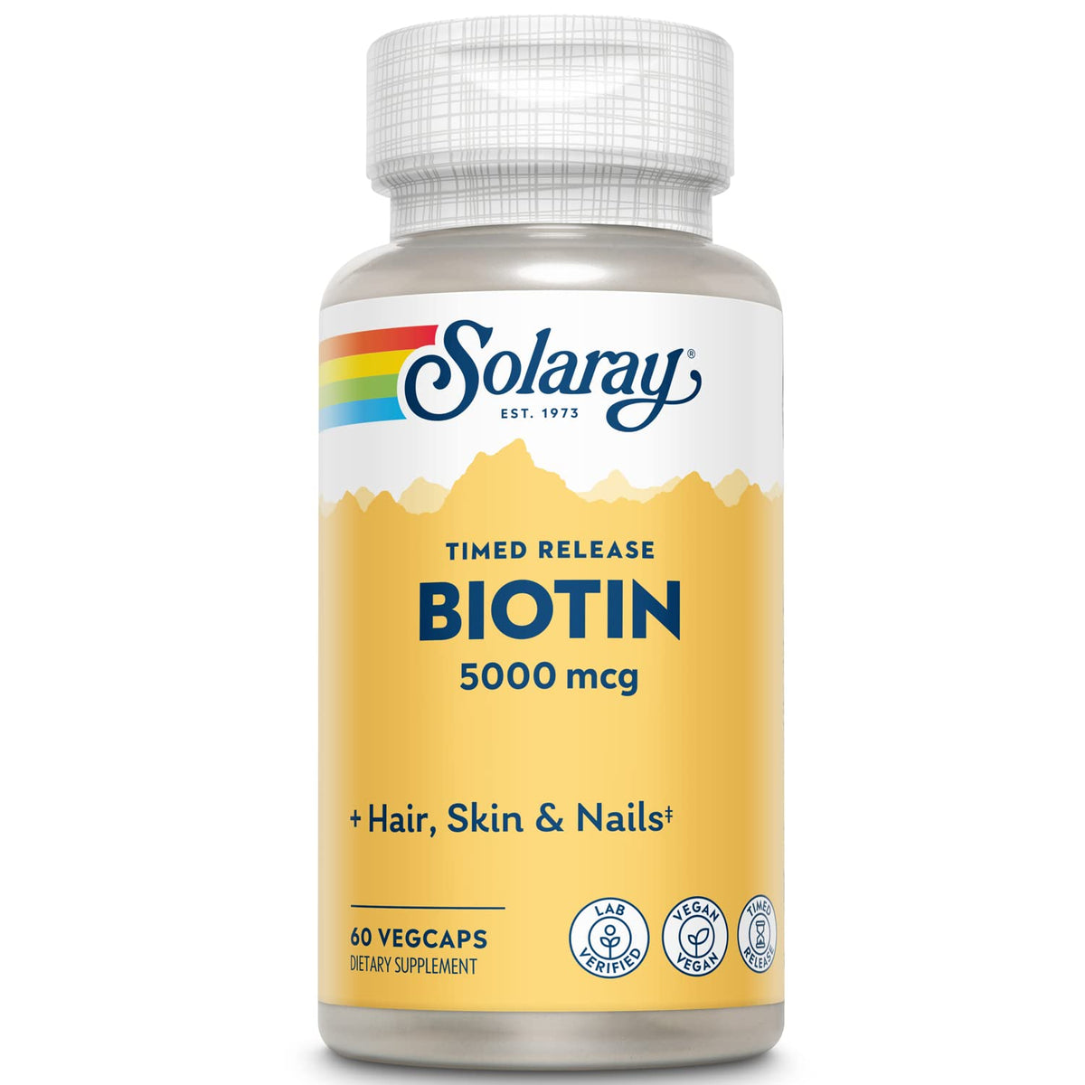 Solaray envase frontal biotina 5000 mcg, apoyo diario visible