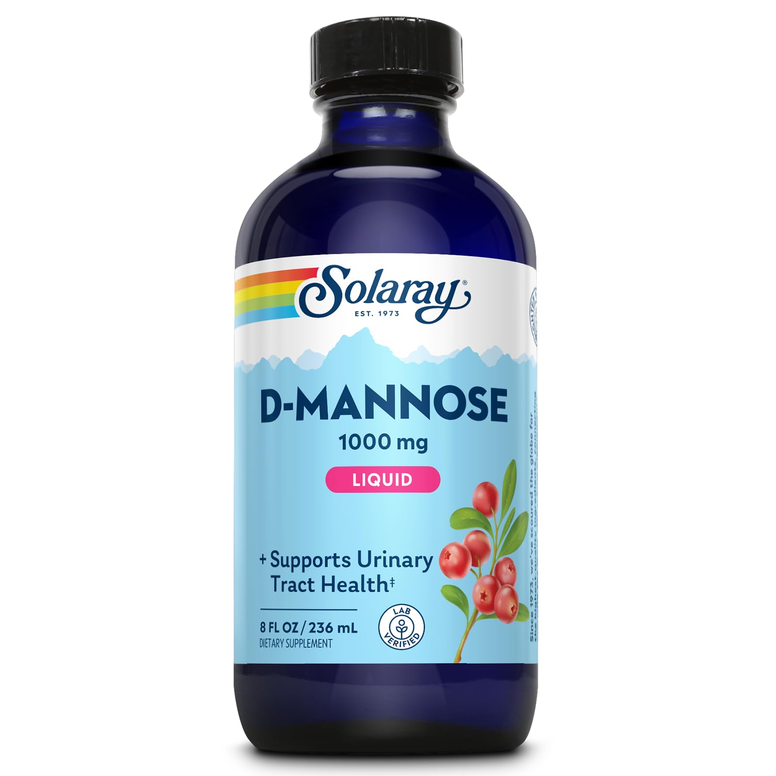 SOLARAY envase frontal de D‑Mannose con CranActin, muestra la etiqueta clara