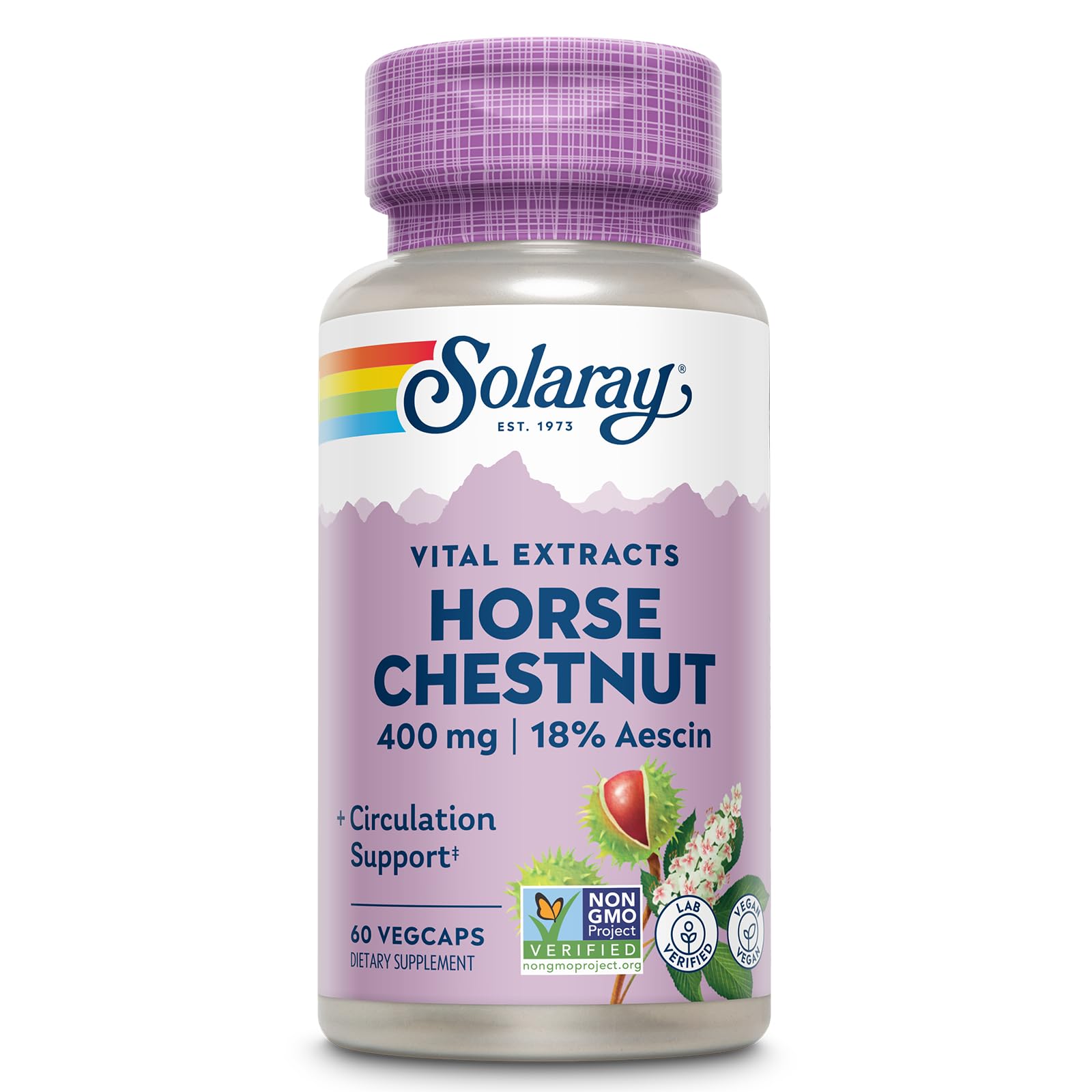 Solaray envase frontal de Horse Chestnut Extract mostrando detalles de la etiqueta y beneficios