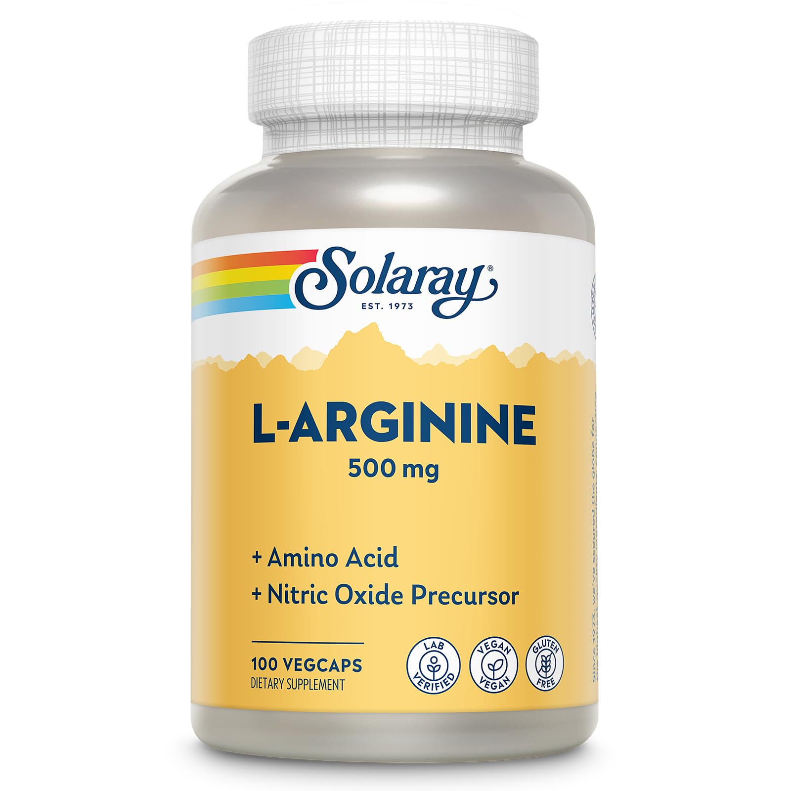 SOLARAY envase frontal de L-Arginine 500 mg mostrando presentación clara y beneficios