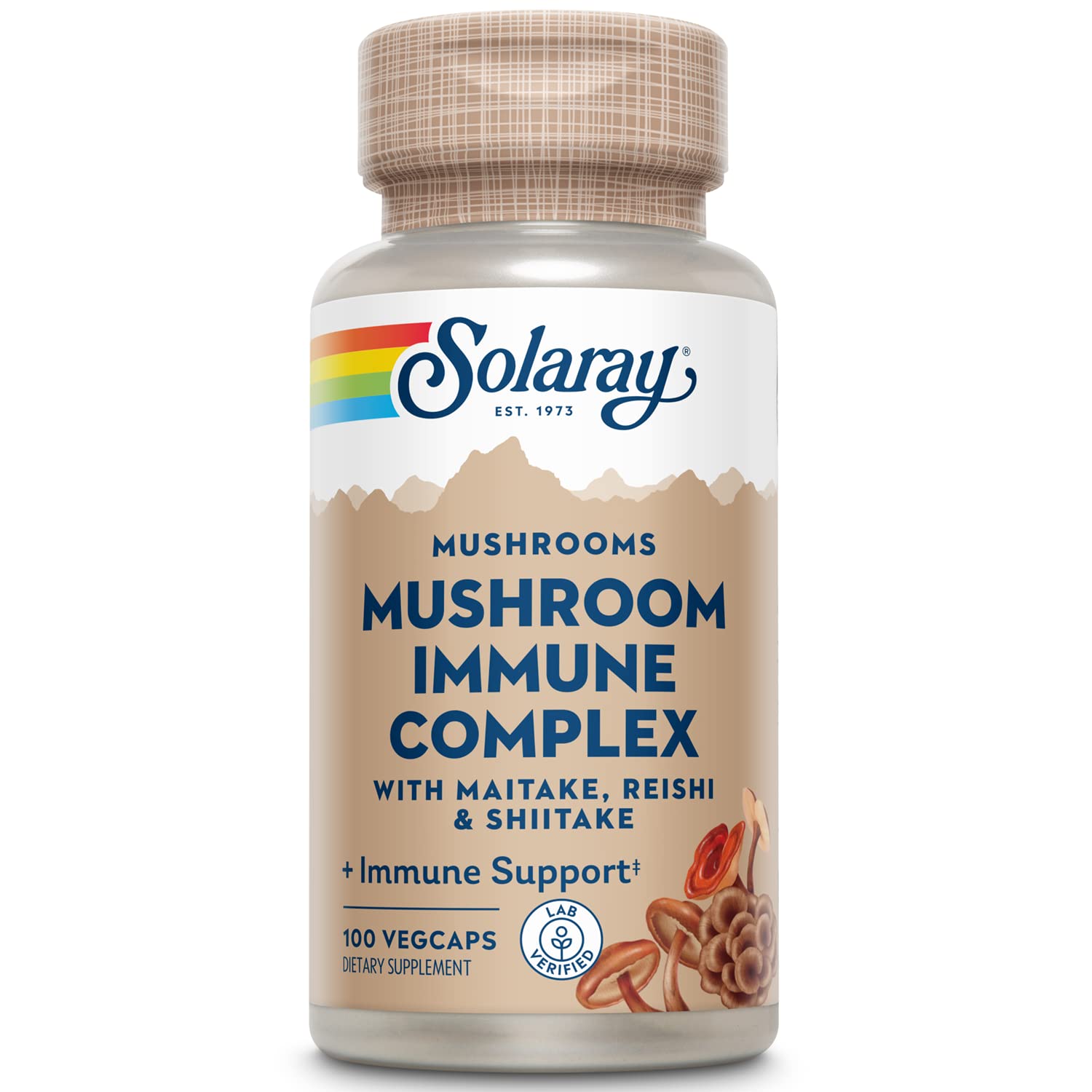 SOLARAY envase frontal del complejo de maitake reishi shiitake muestra presentación y beneficio de aporte combinado