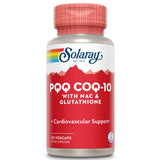 Solaray envase frontal PQQ CoQ10 mostrando etiqueta y beneficio para salud cardiovascular