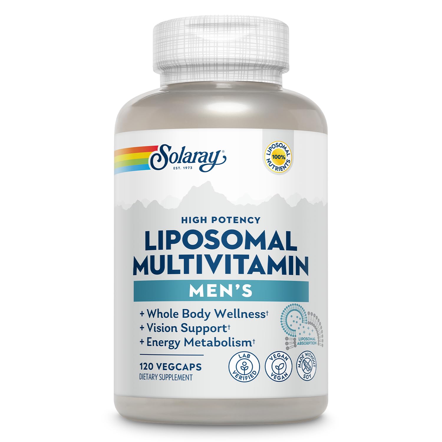 SOLARAY envase frontal del multivitamínico liposomal, muestra diseño y beneficios